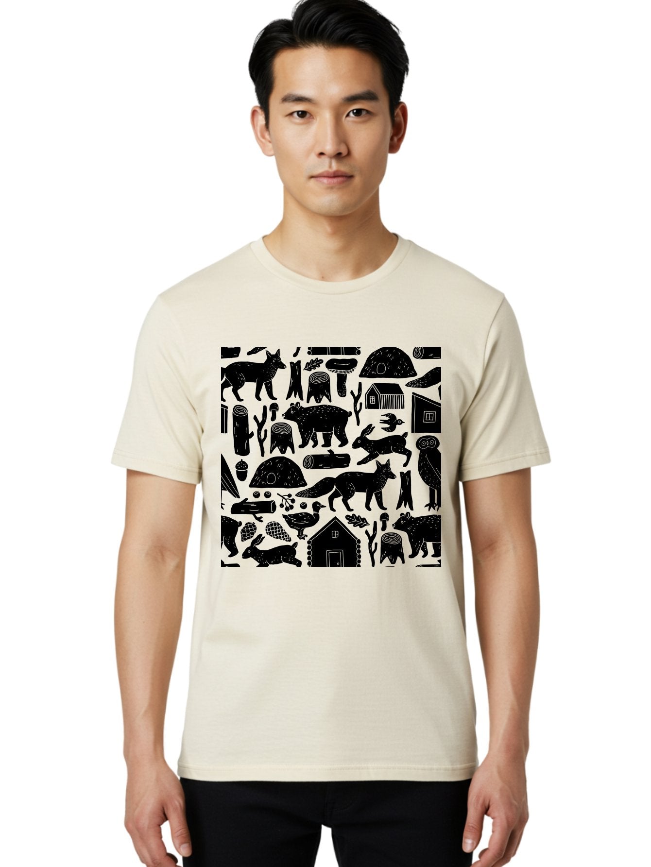 Forest-Animals-Pattern Men'S Graphic Tee, 100% Cotton, Comfortable Casual Summer Wear, Machine Washable, Woodland Animals, Forest Wildlife, Rustic Houses, Trees, Birds, Wildlife Art, Woodsy Landscape, Nature Illustrations, Forest Patterns, -  Aaa592 4