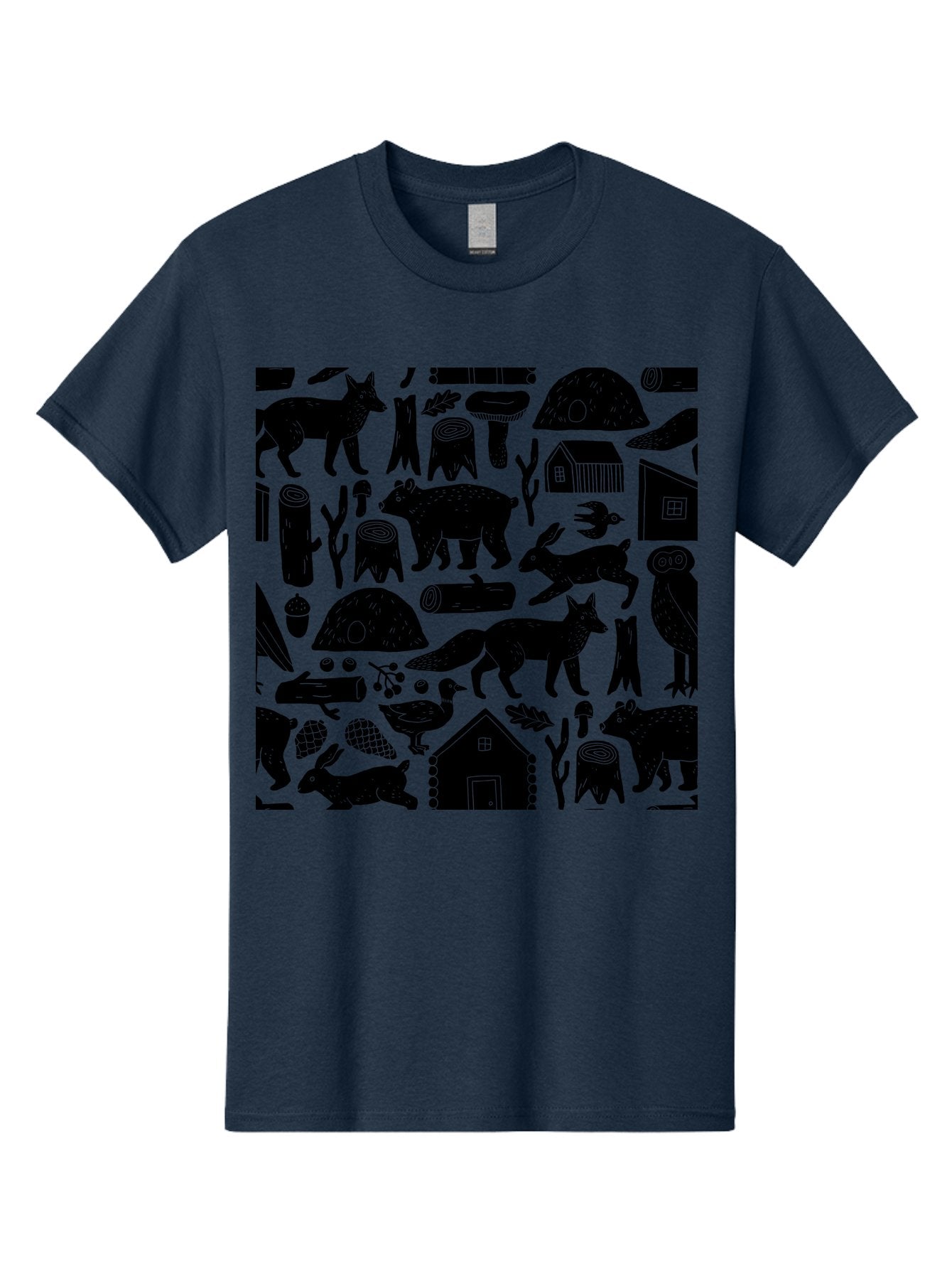 Forest-Animals-Pattern Men'S Graphic Tee, 100% Cotton, Comfortable Casual Summer Wear, Machine Washable, Woodland Animals, Forest Wildlife, Rustic Houses, Trees, Birds, Wildlife Art, Woodsy Landscape, Nature Illustrations, Forest Patterns, -  Aaa592 19