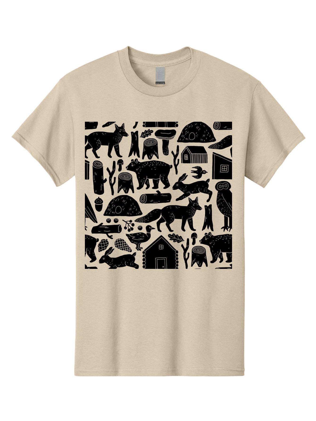 Forest-Animals-Pattern Men'S Graphic Tee, 100% Cotton, Comfortable Casual Summer Wear, Machine Washable, Woodland Animals, Forest Wildlife, Rustic Houses, Trees, Birds, Wildlife Art, Woodsy Landscape, Nature Illustrations, Forest Patterns, -  Aaa592 5