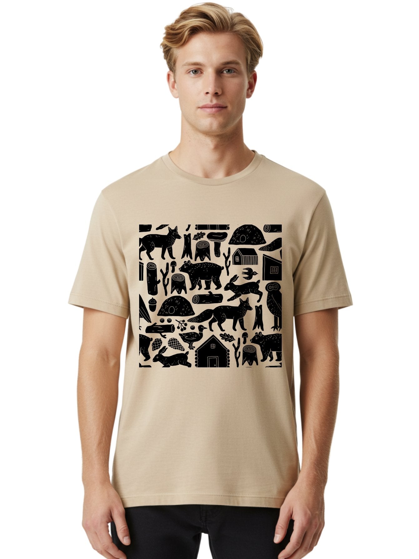 Forest-Animals-Pattern Men'S Graphic Tee, 100% Cotton, Comfortable Casual Summer Wear, Machine Washable, Woodland Animals, Forest Wildlife, Rustic Houses, Trees, Birds, Wildlife Art, Woodsy Landscape, Nature Illustrations, Forest Patterns, -  Aaa592 6