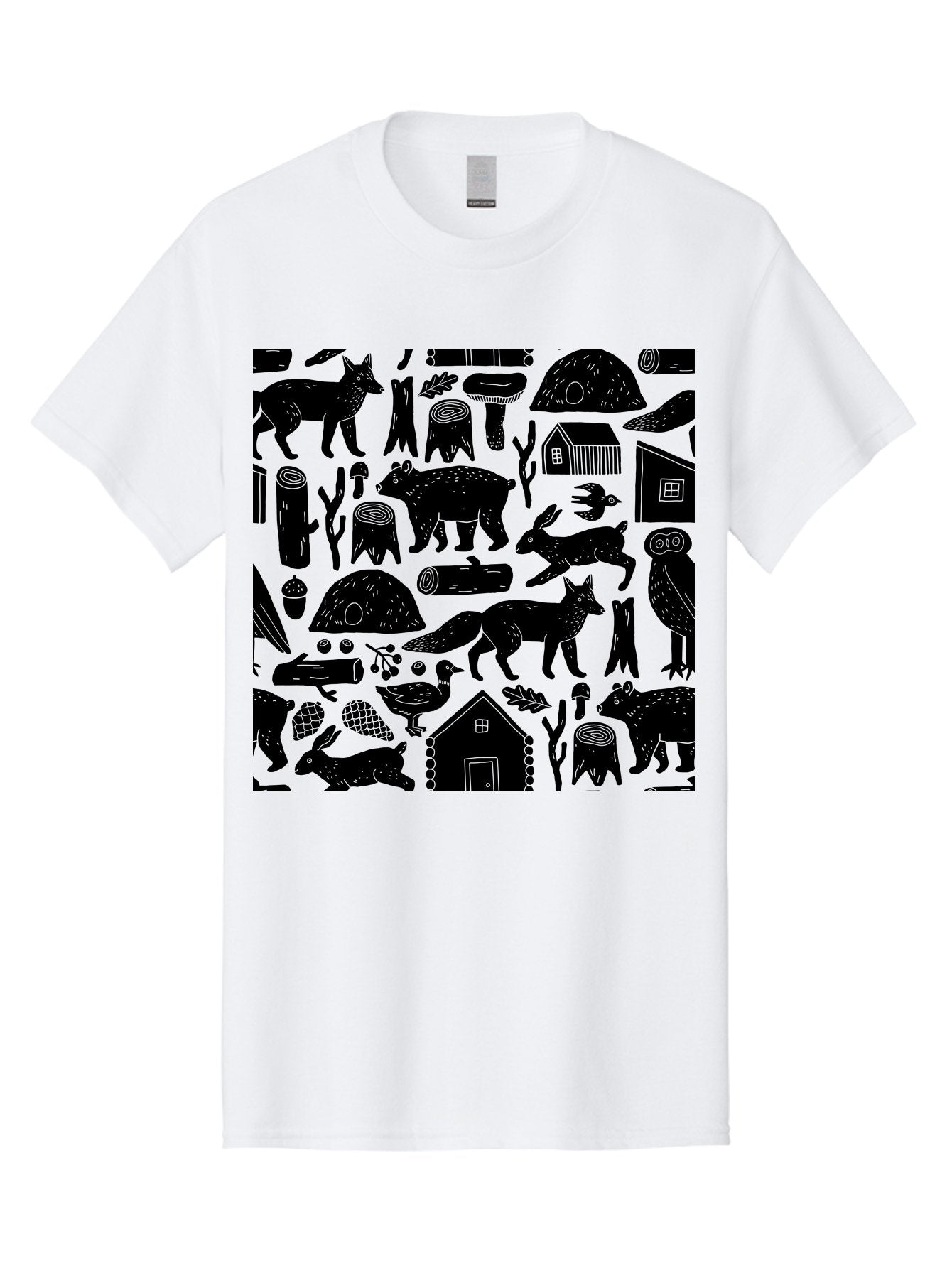 Forest-Animals-Pattern Men'S Graphic Tee, 100% Cotton, Comfortable Casual Summer Wear, Machine Washable, Woodland Animals, Forest Wildlife, Rustic Houses, Trees, Birds, Wildlife Art, Woodsy Landscape, Nature Illustrations, Forest Patterns, -  Aaa592