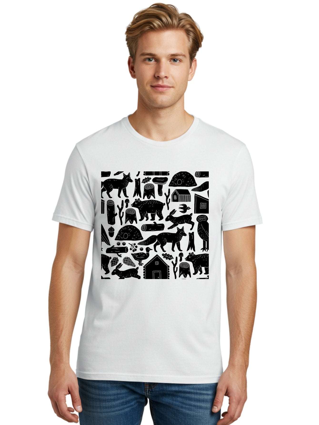 Forest-Animals-Pattern Men'S Graphic Tee, 100% Cotton, Comfortable Casual Summer Wear, Machine Washable, Woodland Animals, Forest Wildlife, Rustic Houses, Trees, Birds, Wildlife Art, Woodsy Landscape, Nature Illustrations, Forest Patterns, -  Aaa592