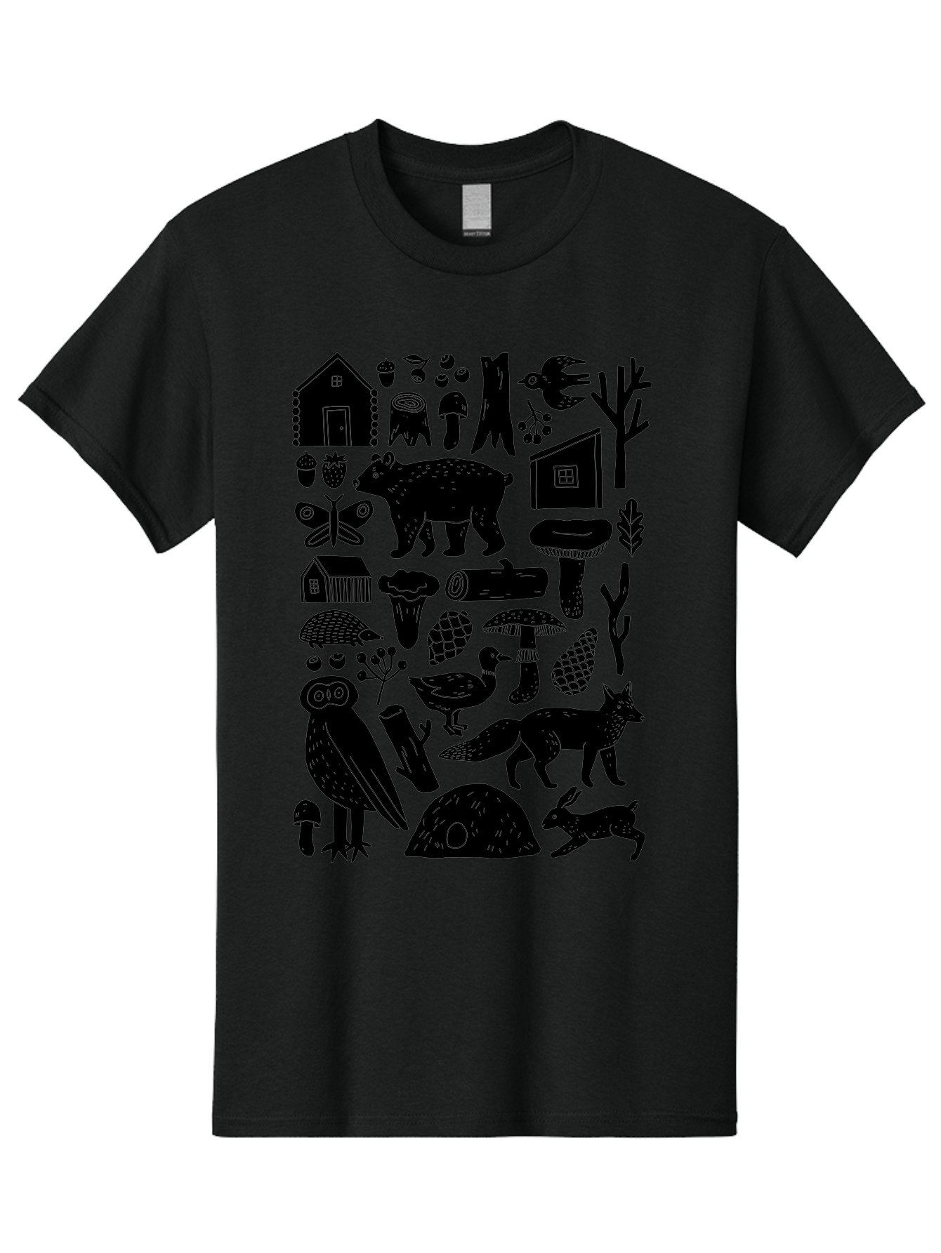 Forest-Creatures Men'S Graphic Tee, 100% Cotton, Comfortable Casual Summer Wear, Machine Washable, Forest Wildlife, Bear, Owl, Fox, Rabbit, Birds, Trees, Mushrooms, Houses, Log, Berries, Butterfly, Duck, Natural Scenery, Wildlife Icons, -  Aaa593