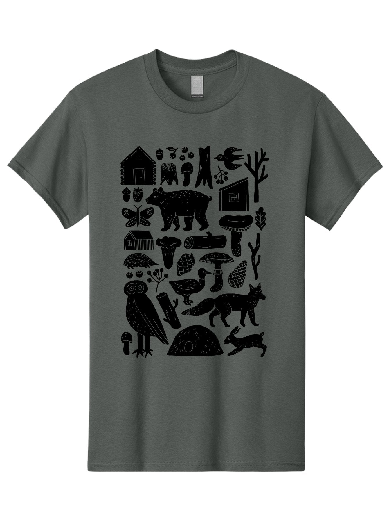 Forest-Creatures Men'S Graphic Tee, 100% Cotton, Comfortable Casual Summer Wear, Machine Washable, Forest Wildlife, Bear, Owl, Fox, Rabbit, Birds, Trees, Mushrooms, Houses, Log, Berries, Butterfly, Duck, Natural Scenery, Wildlife Icons, -  Aaa593 7