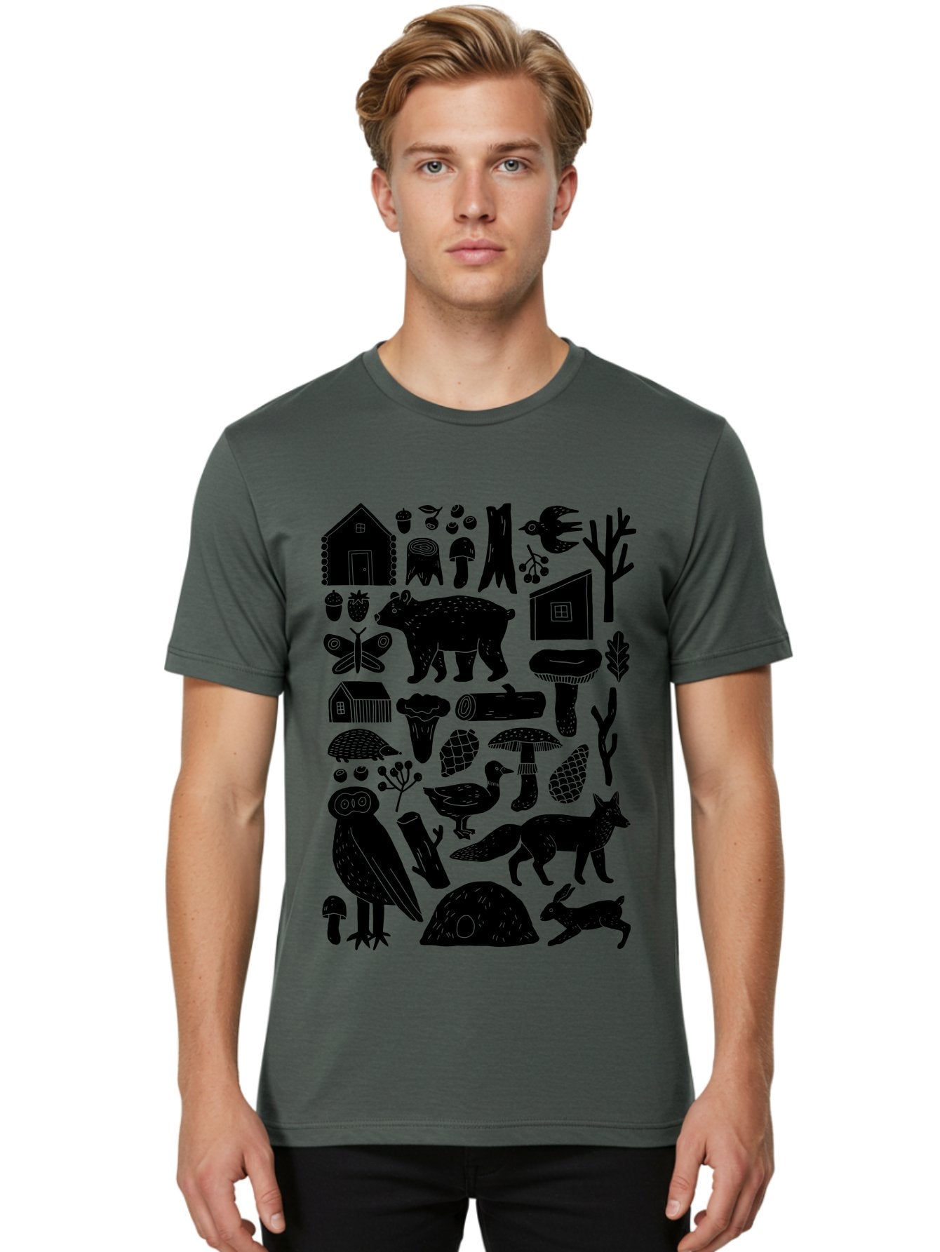 Forest-Creatures Men'S Graphic Tee, 100% Cotton, Comfortable Casual Summer Wear, Machine Washable, Forest Wildlife, Bear, Owl, Fox, Rabbit, Birds, Trees, Mushrooms, Houses, Log, Berries, Butterfly, Duck, Natural Scenery, Wildlife Icons, -  Aaa593 8