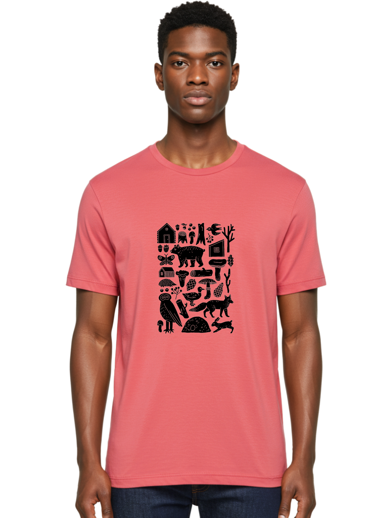 Forest-Creatures Men'S Graphic Tee, 100% Cotton, Comfortable Casual Summer Wear, Machine Washable, Forest Wildlife, Bear, Owl, Fox, Rabbit, Birds, Trees, Mushrooms, Houses, Log, Berries, Butterfly, Duck, Natural Scenery, Wildlife Icons, -  Aaa593 10