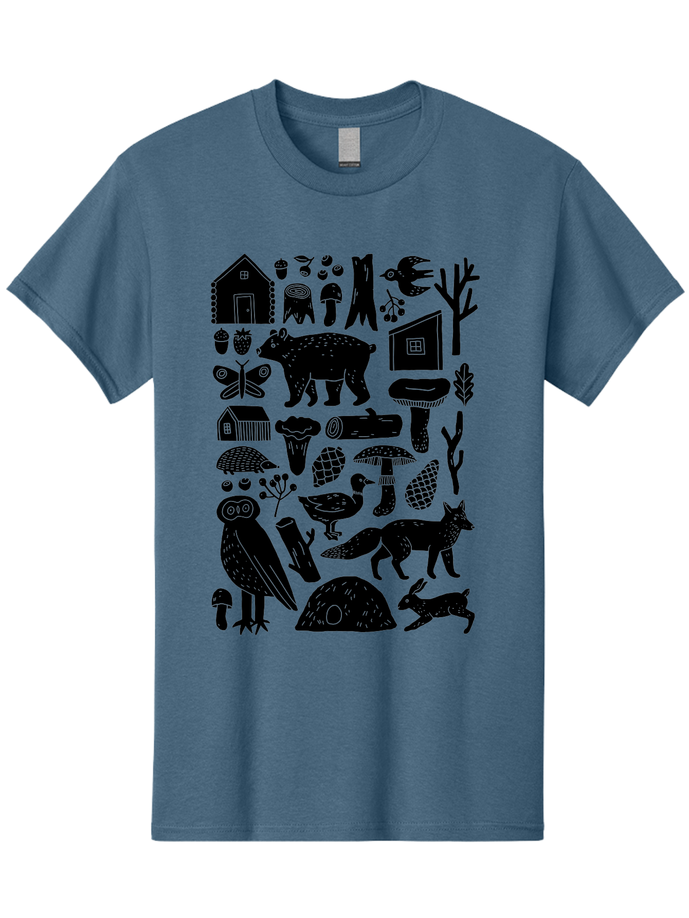 Forest-Creatures Men'S Graphic Tee, 100% Cotton, Comfortable Casual Summer Wear, Machine Washable, Forest Wildlife, Bear, Owl, Fox, Rabbit, Birds, Trees, Mushrooms, Houses, Log, Berries, Butterfly, Duck, Natural Scenery, Wildlife Icons, -  Aaa593 17