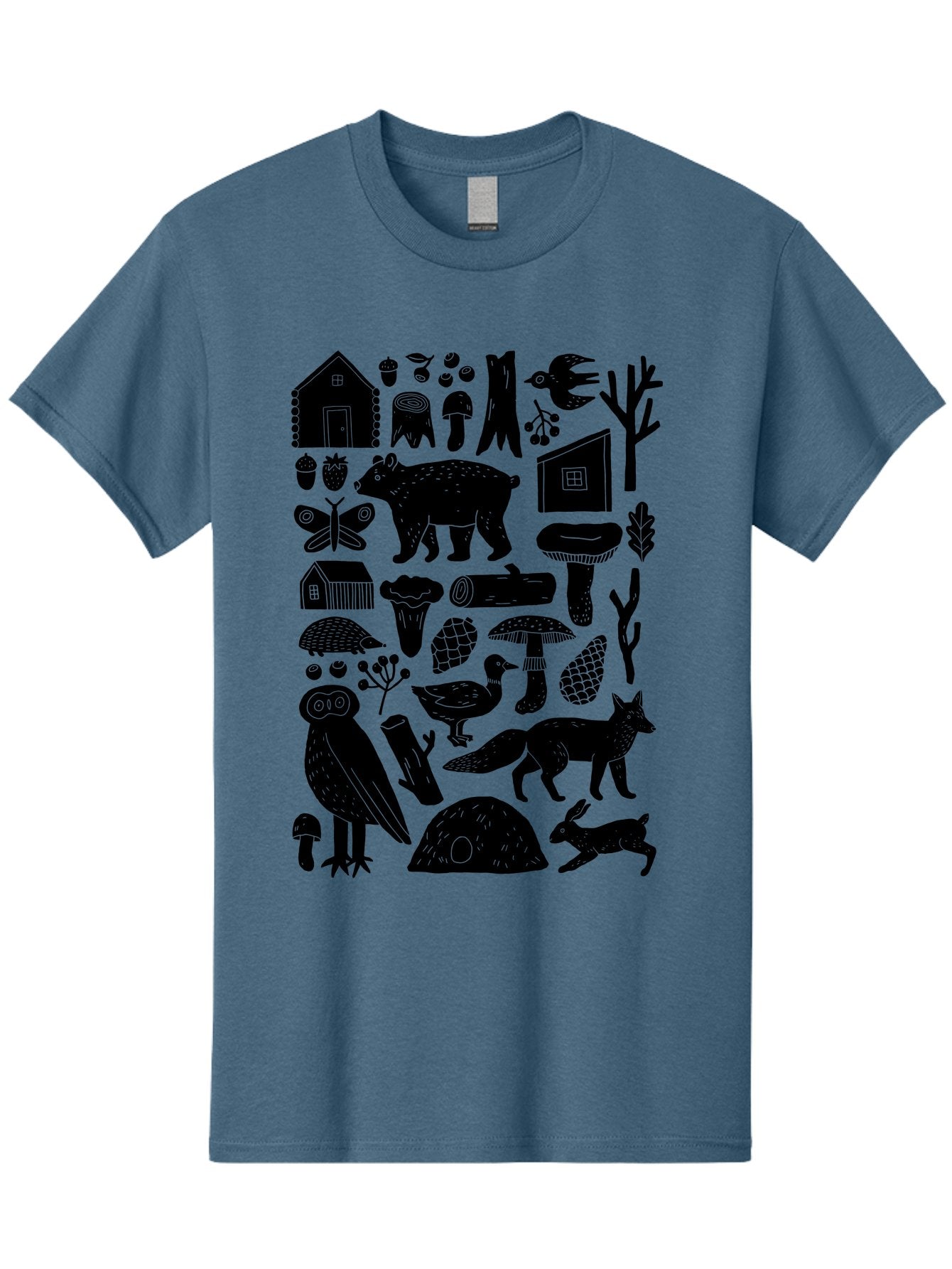 Forest-Creatures Men'S Graphic Tee, 100% Cotton, Comfortable Casual Summer Wear, Machine Washable, Forest Wildlife, Bear, Owl, Fox, Rabbit, Birds, Trees, Mushrooms, Houses, Log, Berries, Butterfly, Duck, Natural Scenery, Wildlife Icons, -  Aaa593 25