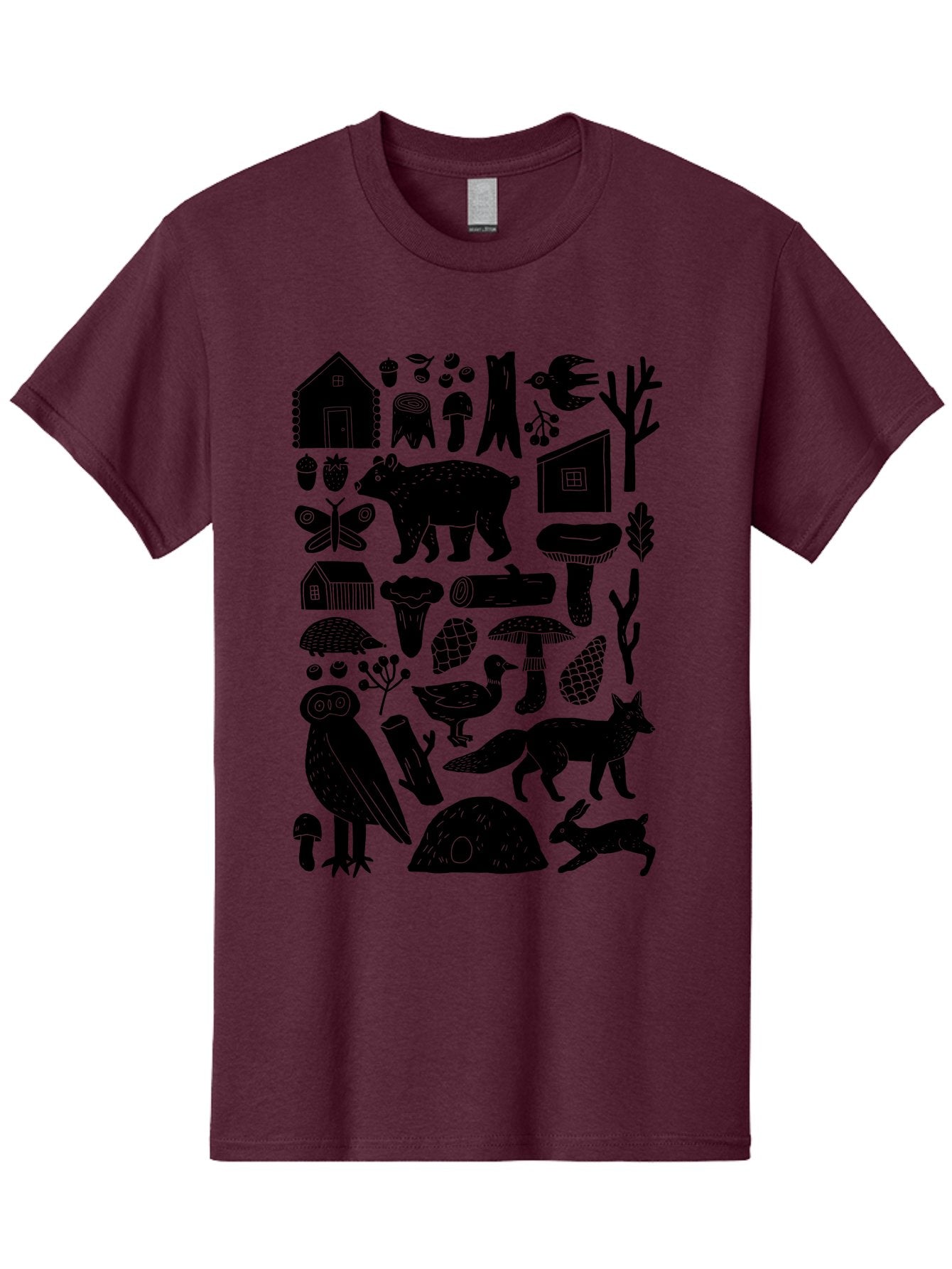 Forest-Creatures Men'S Graphic Tee, 100% Cotton, Comfortable Casual Summer Wear, Machine Washable, Forest Wildlife, Bear, Owl, Fox, Rabbit, Birds, Trees, Mushrooms, Houses, Log, Berries, Butterfly, Duck, Natural Scenery, Wildlife Icons, -  Aaa593 19