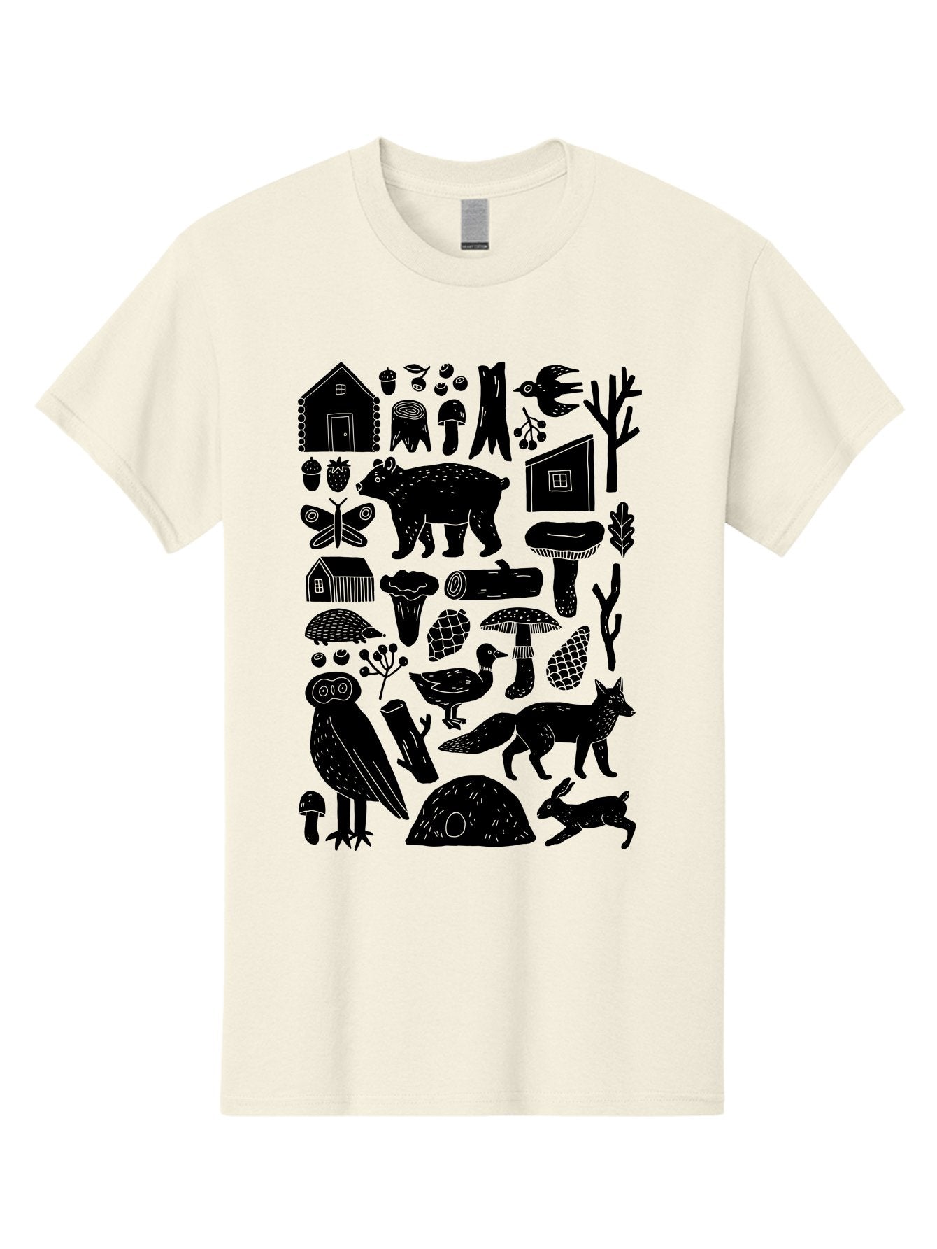 Forest-Creatures Men'S Graphic Tee, 100% Cotton, Comfortable Casual Summer Wear, Machine Washable, Forest Wildlife, Bear, Owl, Fox, Rabbit, Birds, Trees, Mushrooms, Houses, Log, Berries, Butterfly, Duck, Natural Scenery, Wildlife Icons, -  Aaa593 21