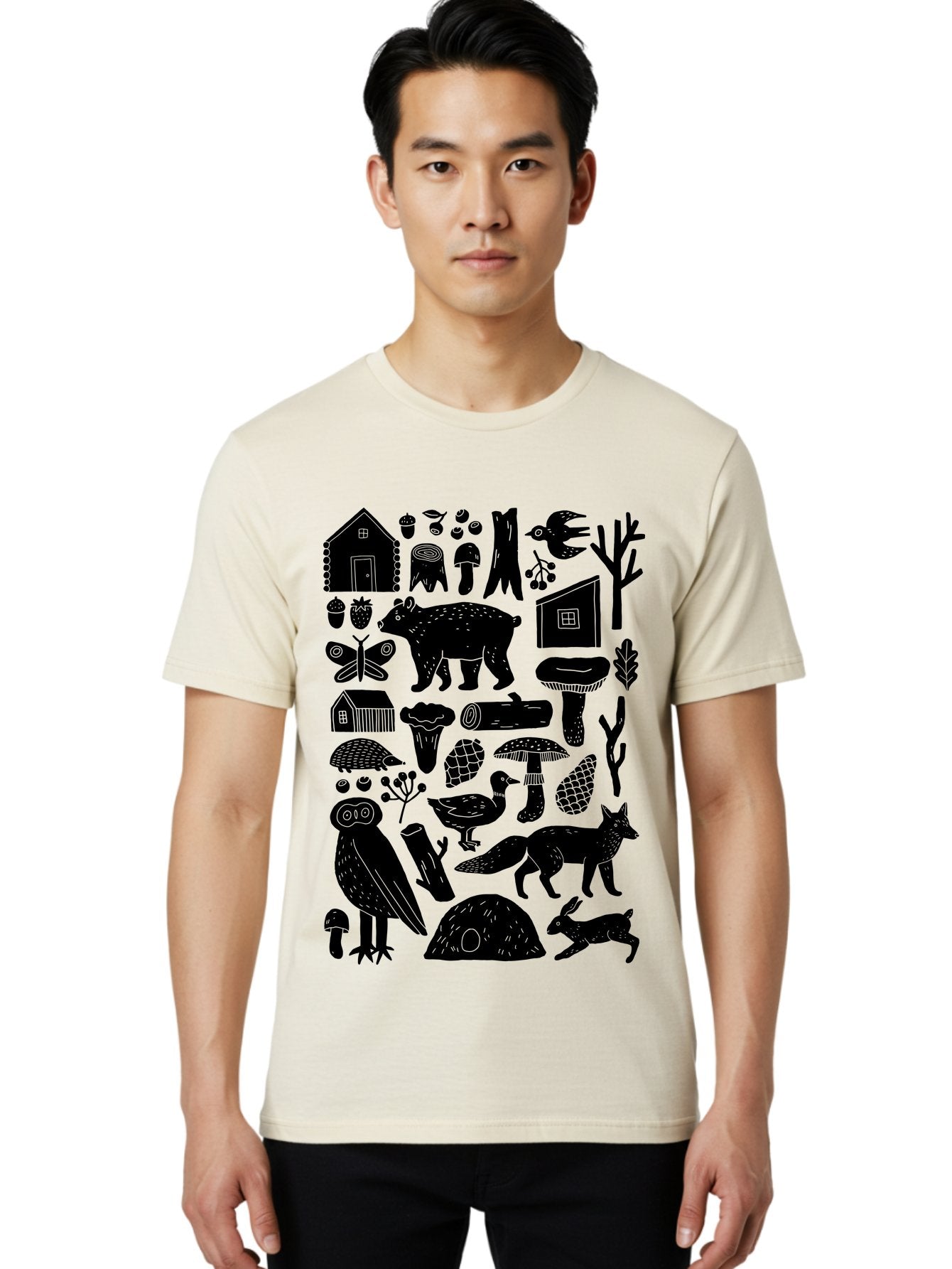 Forest-Creatures Men'S Graphic Tee, 100% Cotton, Comfortable Casual Summer Wear, Machine Washable, Forest Wildlife, Bear, Owl, Fox, Rabbit, Birds, Trees, Mushrooms, Houses, Log, Berries, Butterfly, Duck, Natural Scenery, Wildlife Icons, -  Aaa593 22