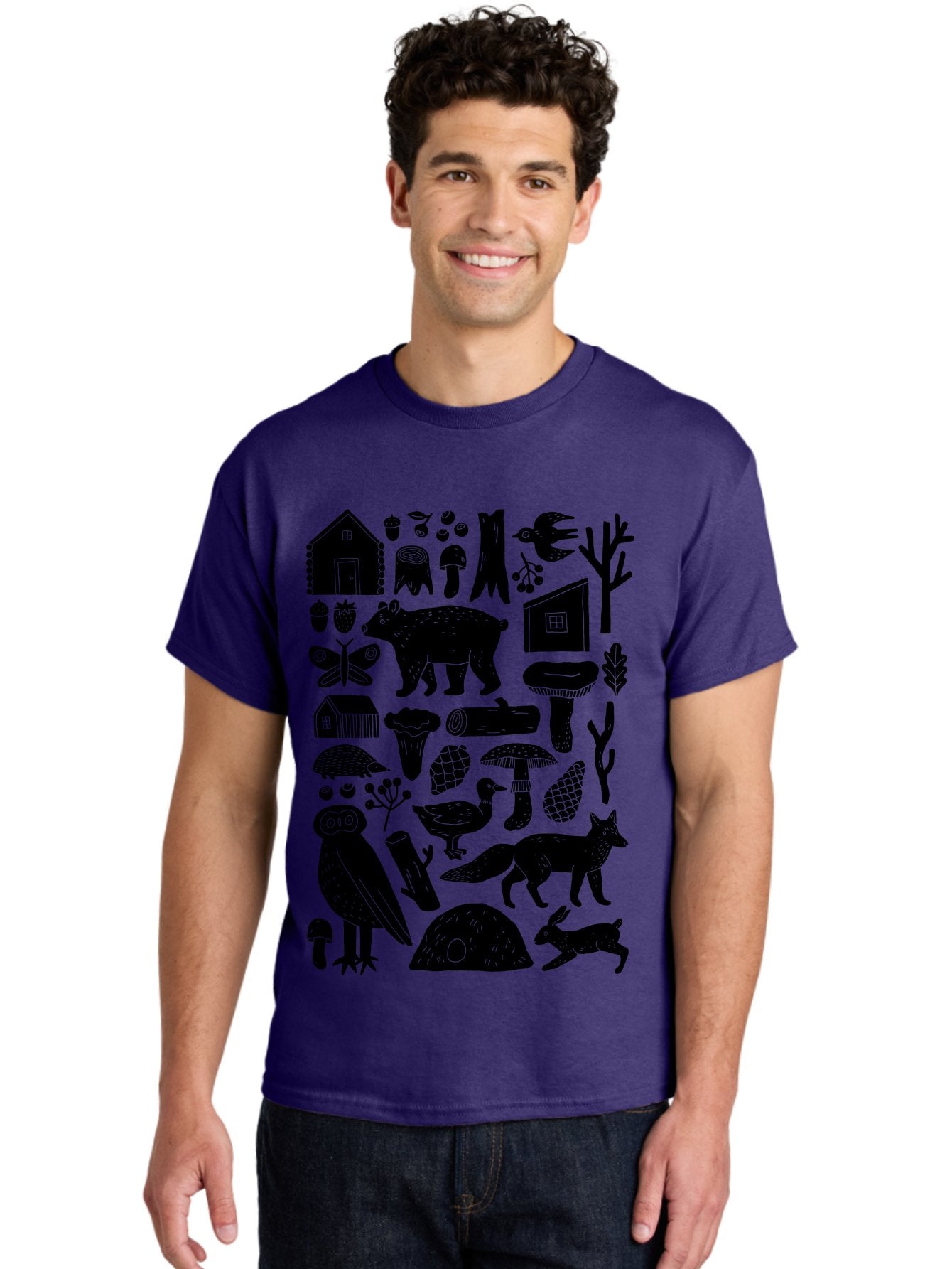 Forest-Creatures Men'S Graphic Tee, 100% Cotton, Comfortable Casual Summer Wear, Machine Washable, Forest Wildlife, Bear, Owl, Fox, Rabbit, Birds, Trees, Mushrooms, Houses, Log, Berries, Butterfly, Duck, Natural Scenery, Wildlife Icons, -  Aaa593 12