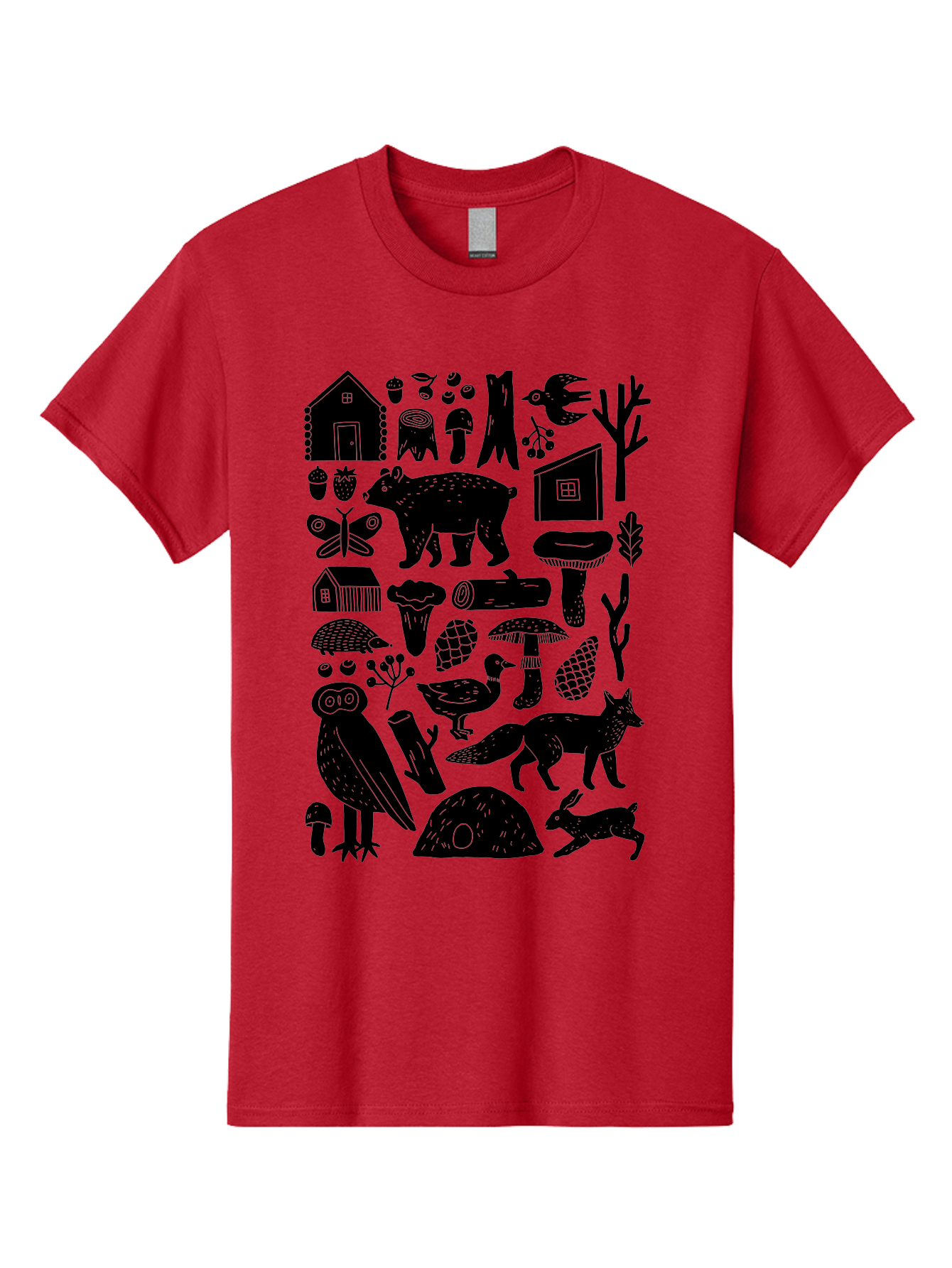 Forest-Creatures Men'S Graphic Tee, 100% Cotton, Comfortable Casual Summer Wear, Machine Washable, Forest Wildlife, Bear, Owl, Fox, Rabbit, Birds, Trees, Mushrooms, Houses, Log, Berries, Butterfly, Duck, Natural Scenery, Wildlife Icons, -  Aaa593