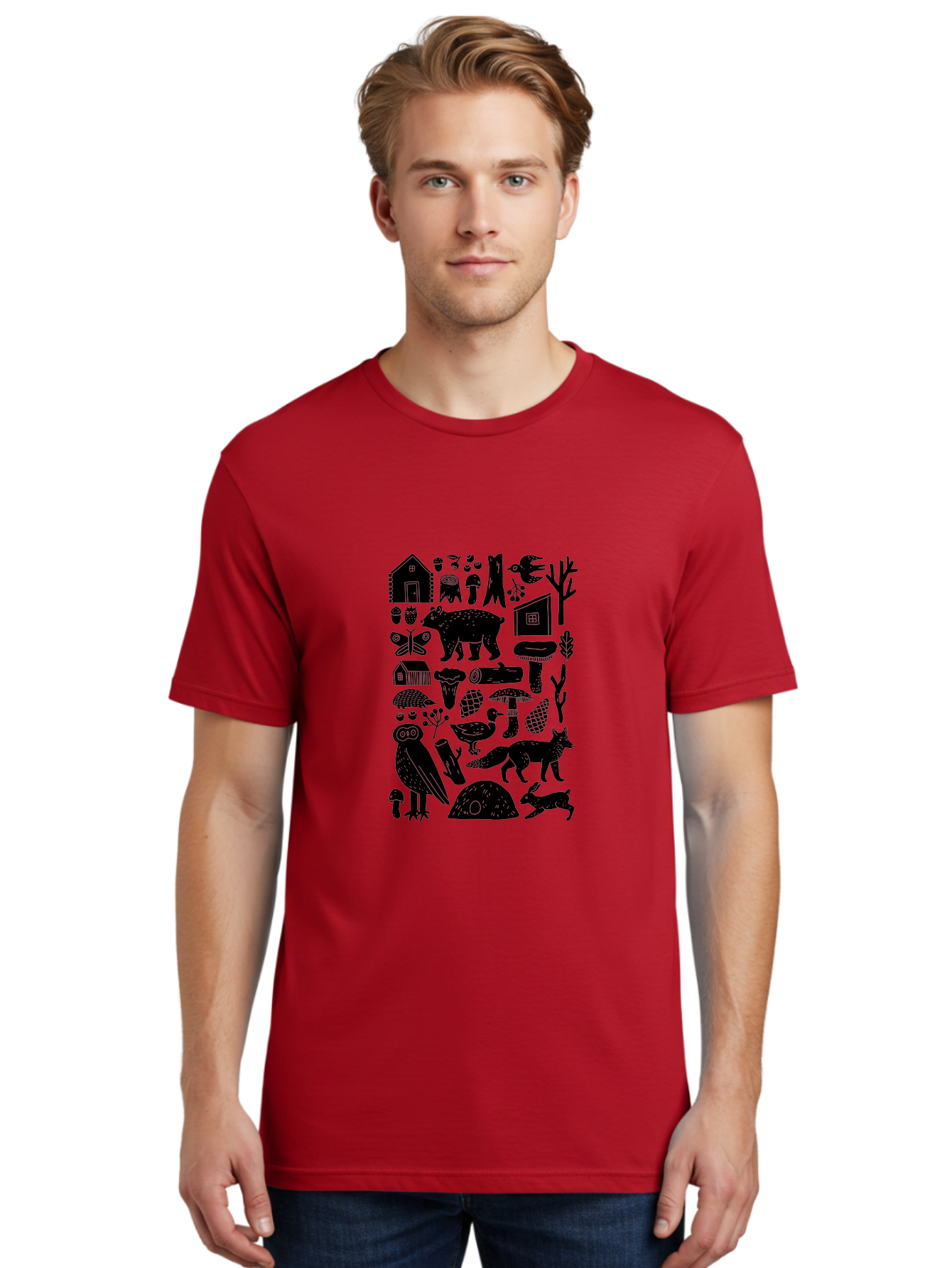 Forest-Creatures Men'S Graphic Tee, 100% Cotton, Comfortable Casual Summer Wear, Machine Washable, Forest Wildlife, Bear, Owl, Fox, Rabbit, Birds, Trees, Mushrooms, Houses, Log, Berries, Butterfly, Duck, Natural Scenery, Wildlife Icons, -  Aaa593