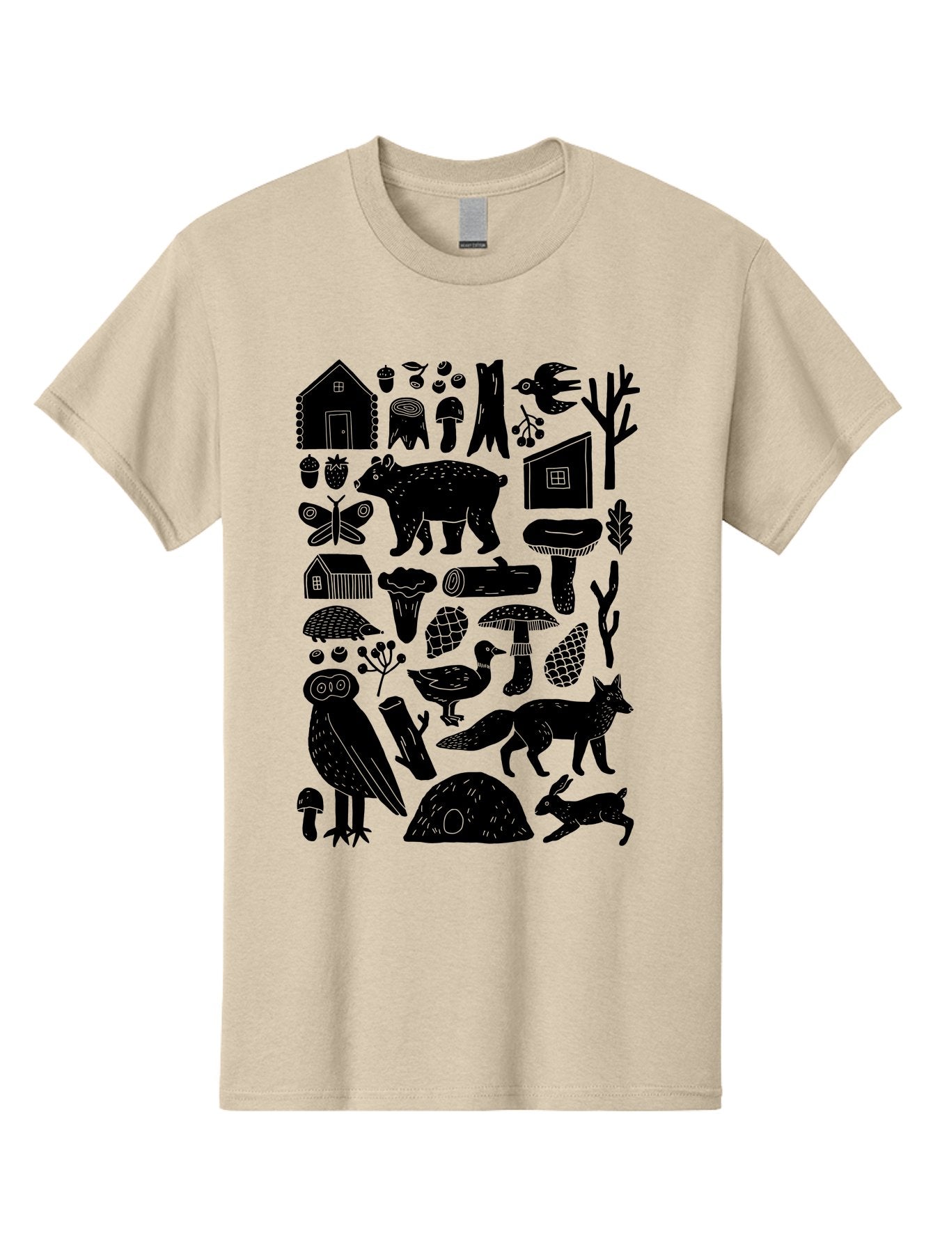 Forest-Creatures Men'S Graphic Tee, 100% Cotton, Comfortable Casual Summer Wear, Machine Washable, Forest Wildlife, Bear, Owl, Fox, Rabbit, Birds, Trees, Mushrooms, Houses, Log, Berries, Butterfly, Duck, Natural Scenery, Wildlife Icons, -  Aaa593 15