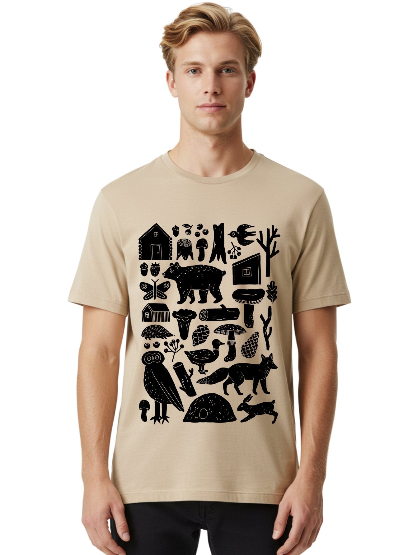 Forest-Creatures Men'S Graphic Tee, 100% Cotton, Comfortable Casual Summer Wear, Machine Washable, Forest Wildlife, Bear, Owl, Fox, Rabbit, Birds, Trees, Mushrooms, Houses, Log, Berries, Butterfly, Duck, Natural Scenery, Wildlife Icons, -  Aaa593 16