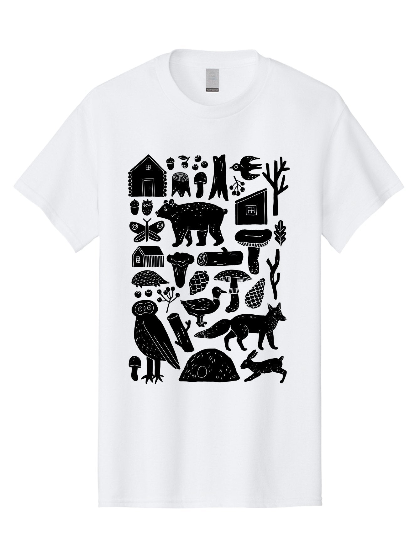 Forest-Creatures Men'S Graphic Tee, 100% Cotton, Comfortable Casual Summer Wear, Machine Washable, Forest Wildlife, Bear, Owl, Fox, Rabbit, Birds, Trees, Mushrooms, Houses, Log, Berries, Butterfly, Duck, Natural Scenery, Wildlife Icons, -  Aaa593 9