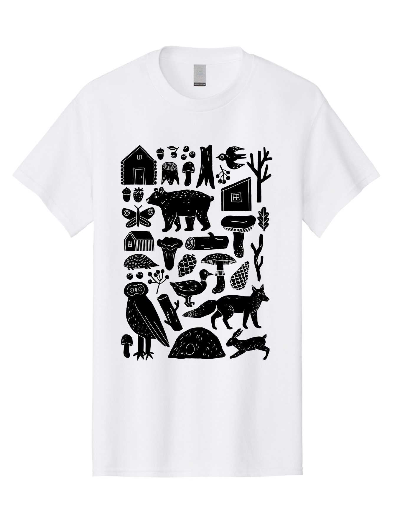 Forest-Creatures Men'S Graphic Tee, 100% Cotton, Comfortable Casual Summer Wear, Machine Washable, Forest Wildlife, Bear, Owl, Fox, Rabbit, Birds, Trees, Mushrooms, Houses, Log, Berries, Butterfly, Duck, Natural Scenery, Wildlife Icons, -  Aaa593 13