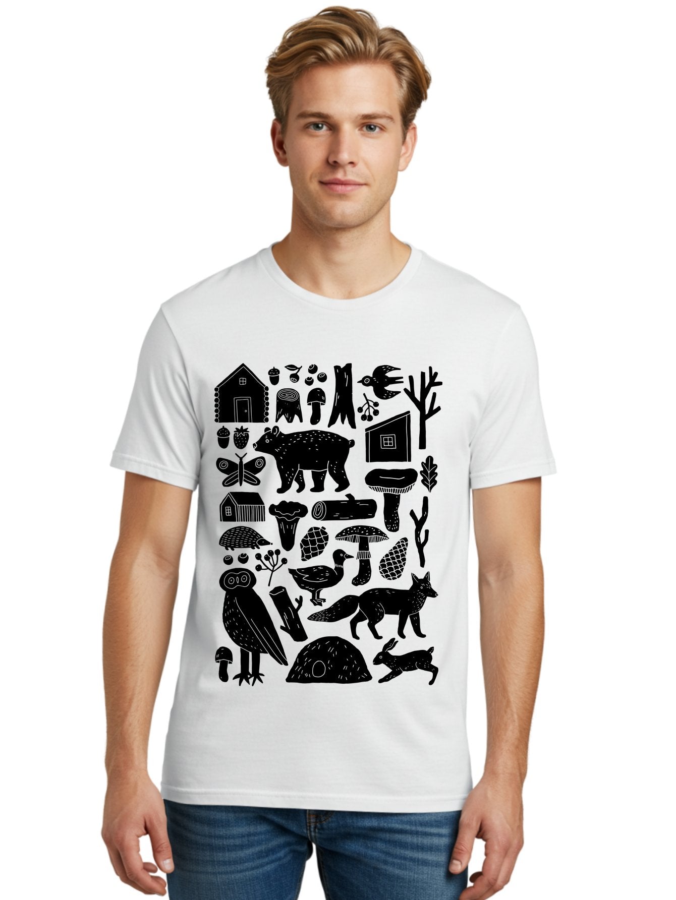Forest-Creatures Men'S Graphic Tee, 100% Cotton, Comfortable Casual Summer Wear, Machine Washable, Forest Wildlife, Bear, Owl, Fox, Rabbit, Birds, Trees, Mushrooms, Houses, Log, Berries, Butterfly, Duck, Natural Scenery, Wildlife Icons, -  Aaa593 10