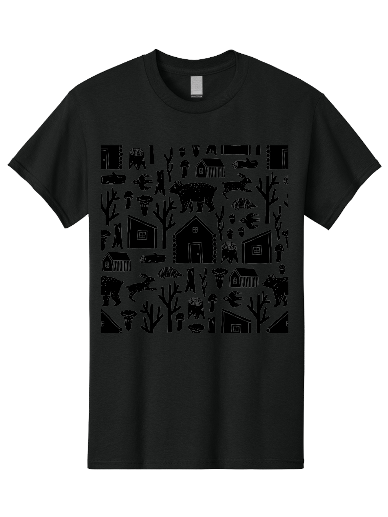 Forest-Pattern Men'S Graphic Tee, 100% Cotton, Comfortable Casual Summer Wear, Machine Washable, Woodland Animals, Forest Scenery, Trees, Houses, Mushrooms, Rabbit, Bear, Log Cabin, Wildlife, Nature-Inspired Design, Cozy Atmosphere, -  Aaa594