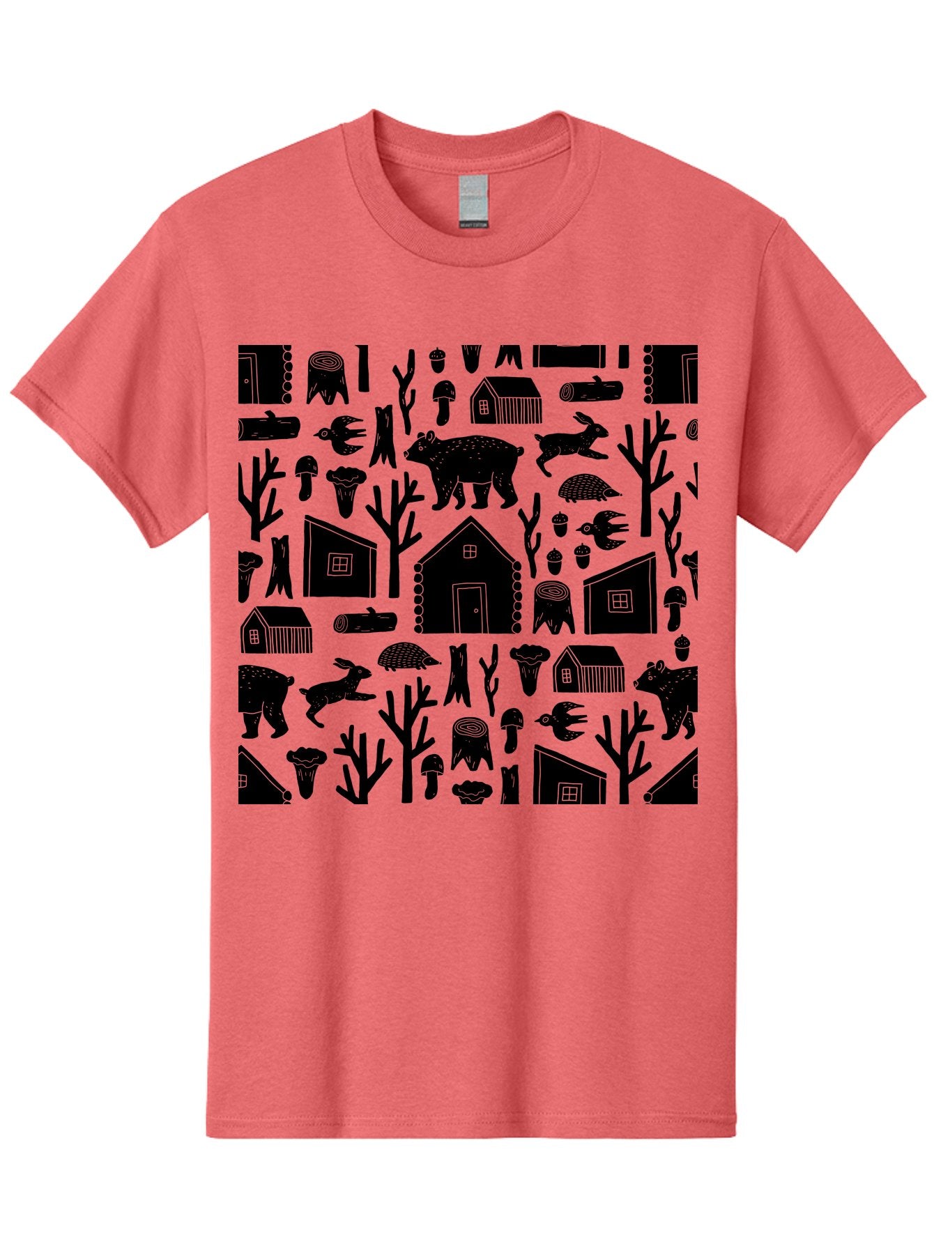 Forest-Pattern Men'S Graphic Tee, 100% Cotton, Comfortable Casual Summer Wear, Machine Washable, Woodland Animals, Forest Scenery, Trees, Houses, Mushrooms, Rabbit, Bear, Log Cabin, Wildlife, Nature-Inspired Design, Cozy Atmosphere, -  Aaa594 19