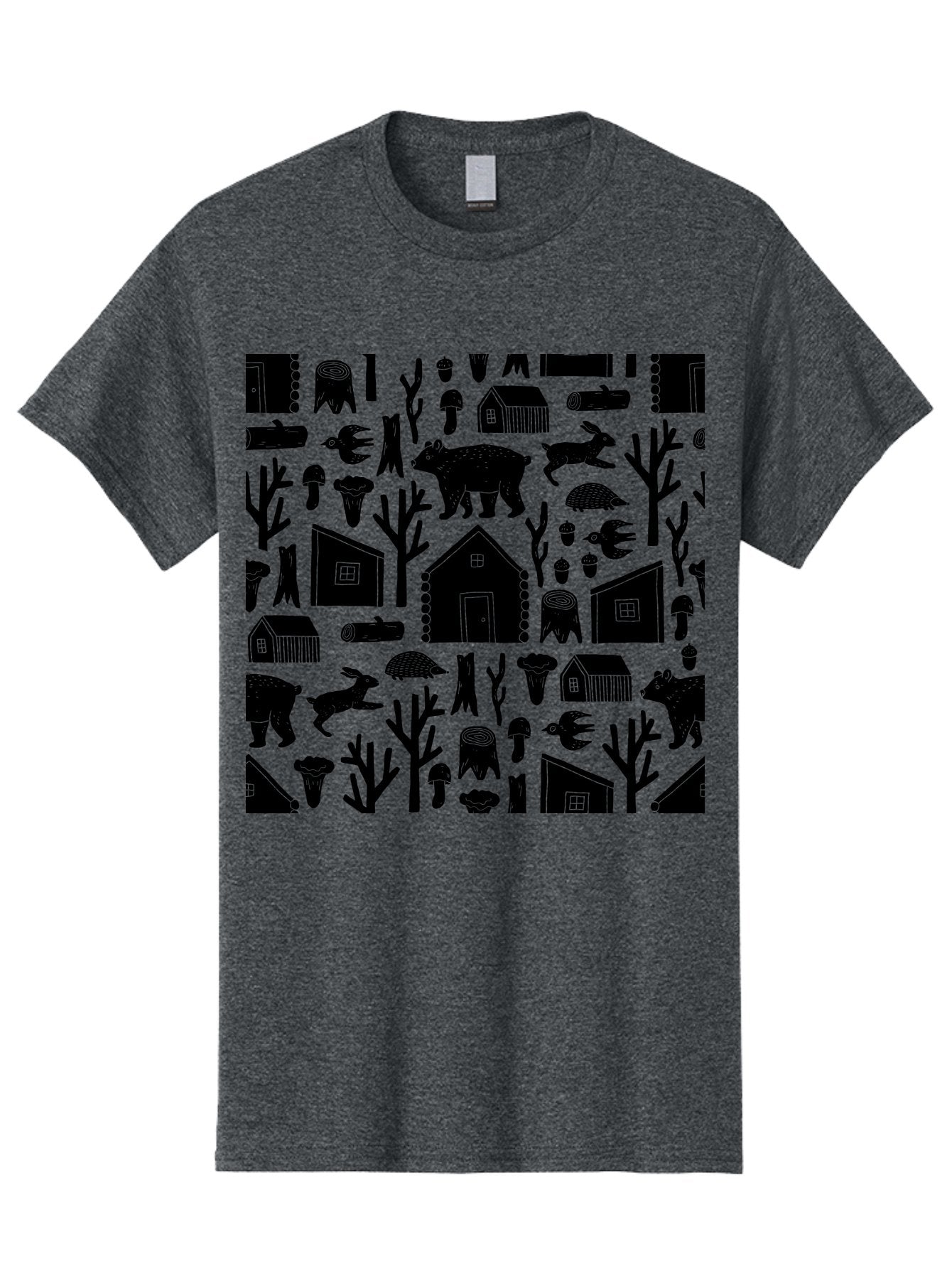 Forest-Pattern Men'S Graphic Tee, 100% Cotton, Comfortable Casual Summer Wear, Machine Washable, Woodland Animals, Forest Scenery, Trees, Houses, Mushrooms, Rabbit, Bear, Log Cabin, Wildlife, Nature-Inspired Design, Cozy Atmosphere, -  Aaa594 25