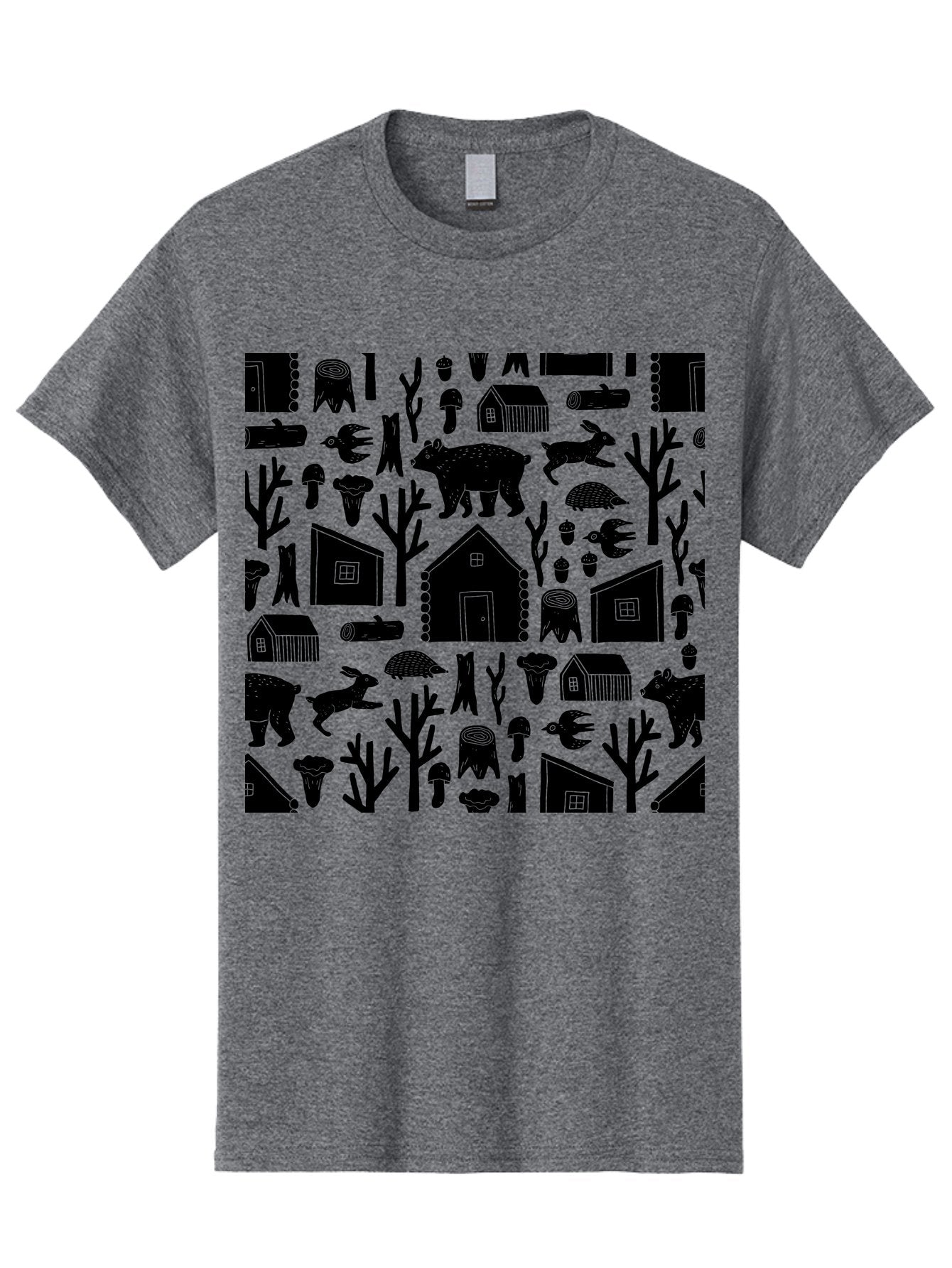 Forest-Pattern Men'S Graphic Tee, 100% Cotton, Comfortable Casual Summer Wear, Machine Washable, Woodland Animals, Forest Scenery, Trees, Houses, Mushrooms, Rabbit, Bear, Log Cabin, Wildlife, Nature-Inspired Design, Cozy Atmosphere, -  Aaa594 5