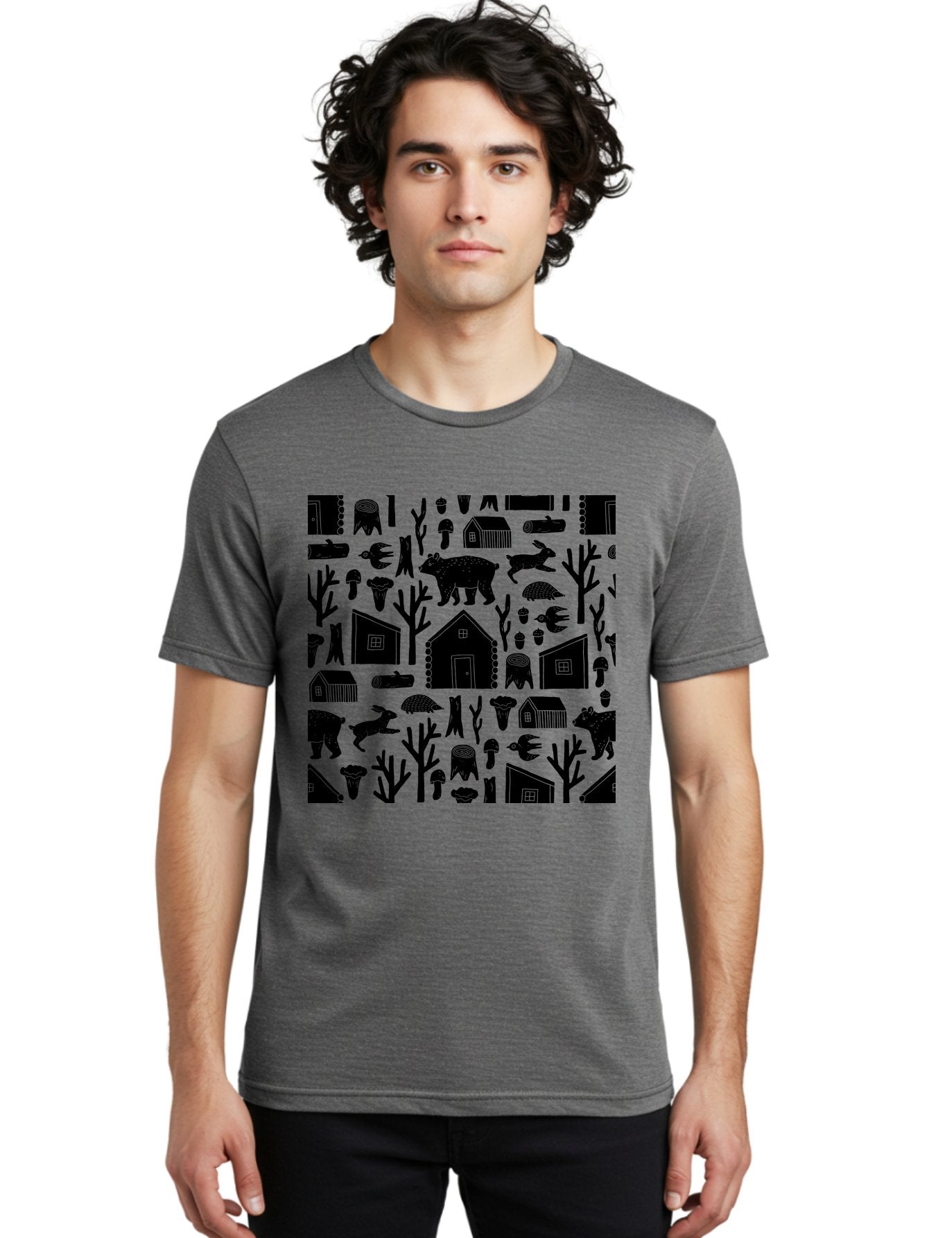 Forest-Pattern Men'S Graphic Tee, 100% Cotton, Comfortable Casual Summer Wear, Machine Washable, Woodland Animals, Forest Scenery, Trees, Houses, Mushrooms, Rabbit, Bear, Log Cabin, Wildlife, Nature-Inspired Design, Cozy Atmosphere, -  Aaa594 6