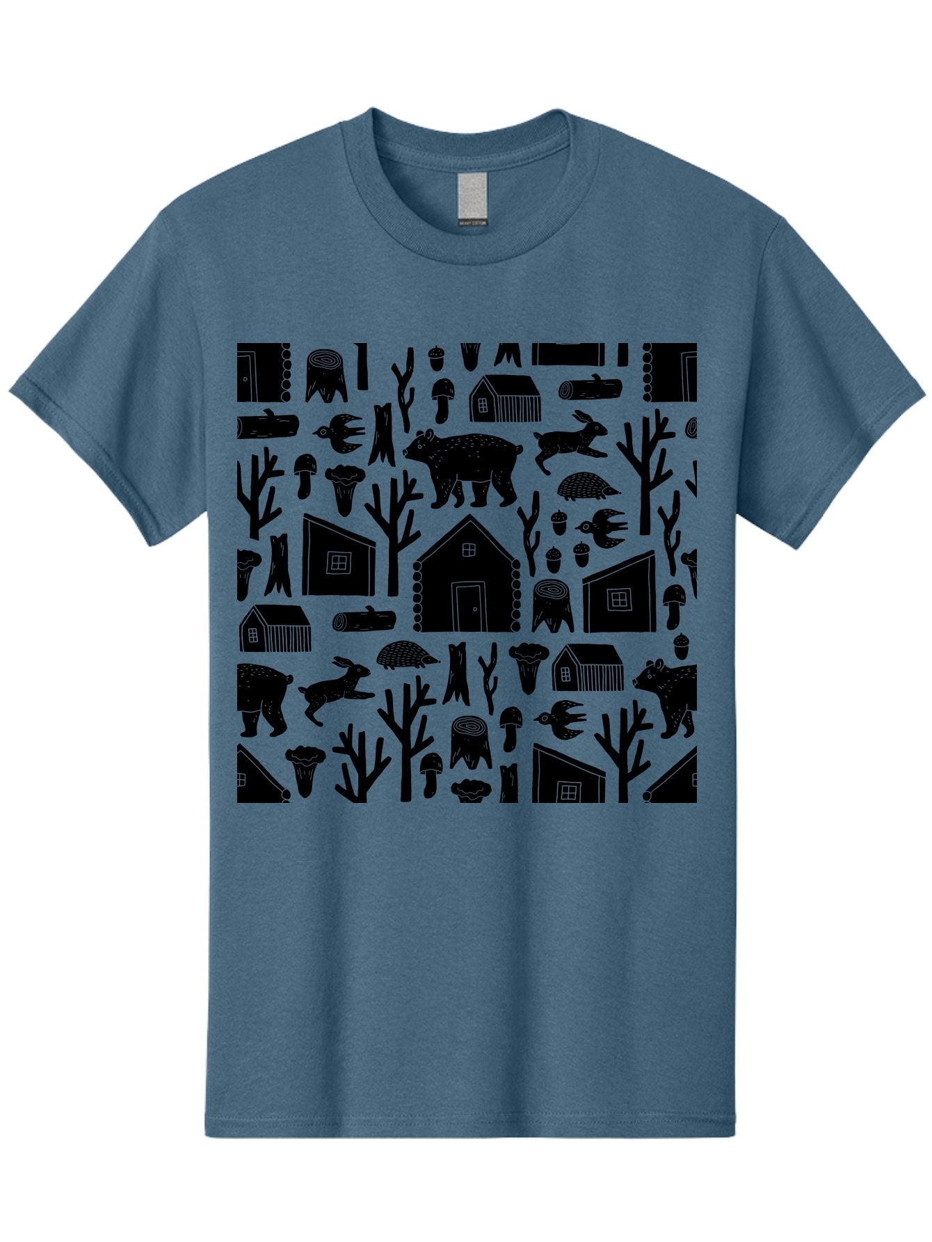 Forest-Pattern Men'S Graphic Tee, 100% Cotton, Comfortable Casual Summer Wear, Machine Washable, Woodland Animals, Forest Scenery, Trees, Houses, Mushrooms, Rabbit, Bear, Log Cabin, Wildlife, Nature-Inspired Design, Cozy Atmosphere, -  Aaa594 3