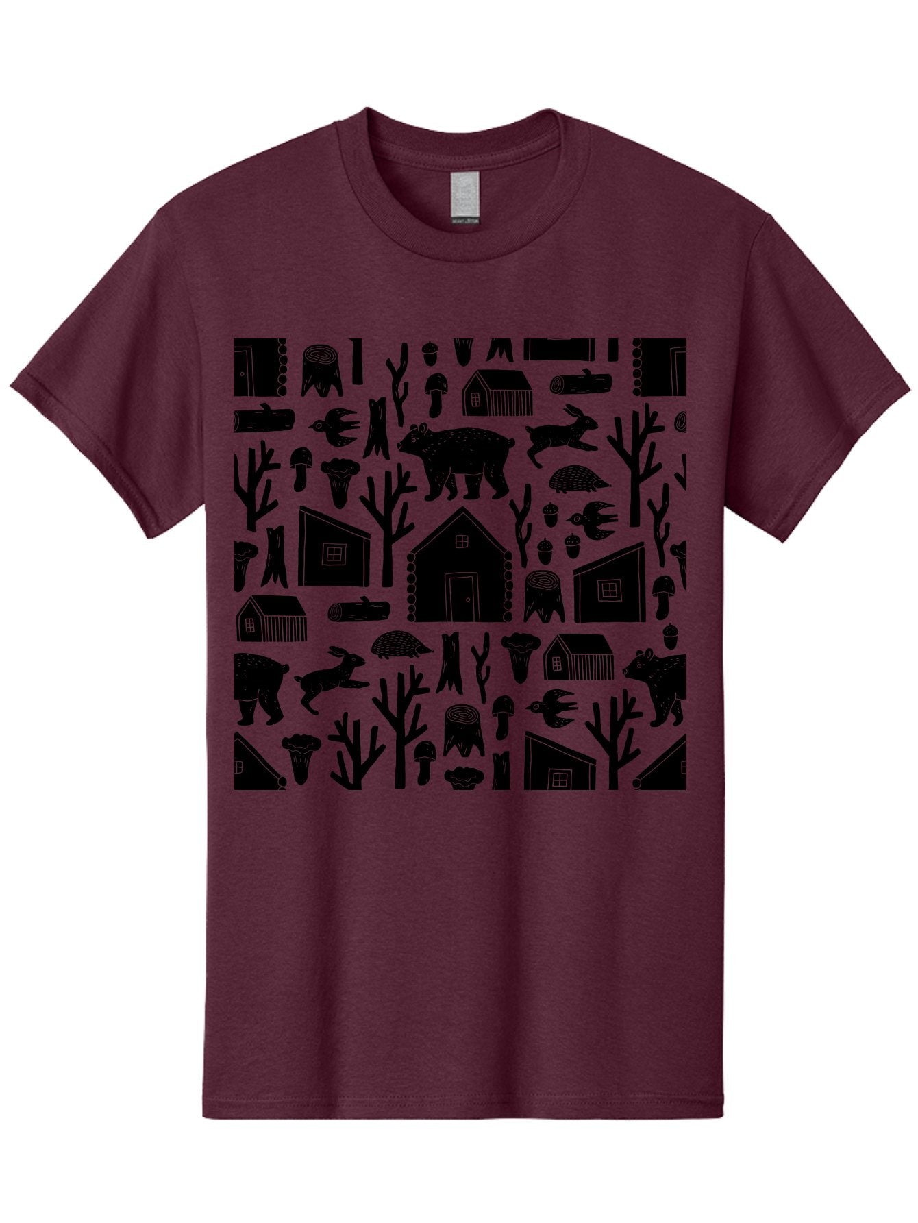 Forest-Pattern Men'S Graphic Tee, 100% Cotton, Comfortable Casual Summer Wear, Machine Washable, Woodland Animals, Forest Scenery, Trees, Houses, Mushrooms, Rabbit, Bear, Log Cabin, Wildlife, Nature-Inspired Design, Cozy Atmosphere, -  Aaa594 11