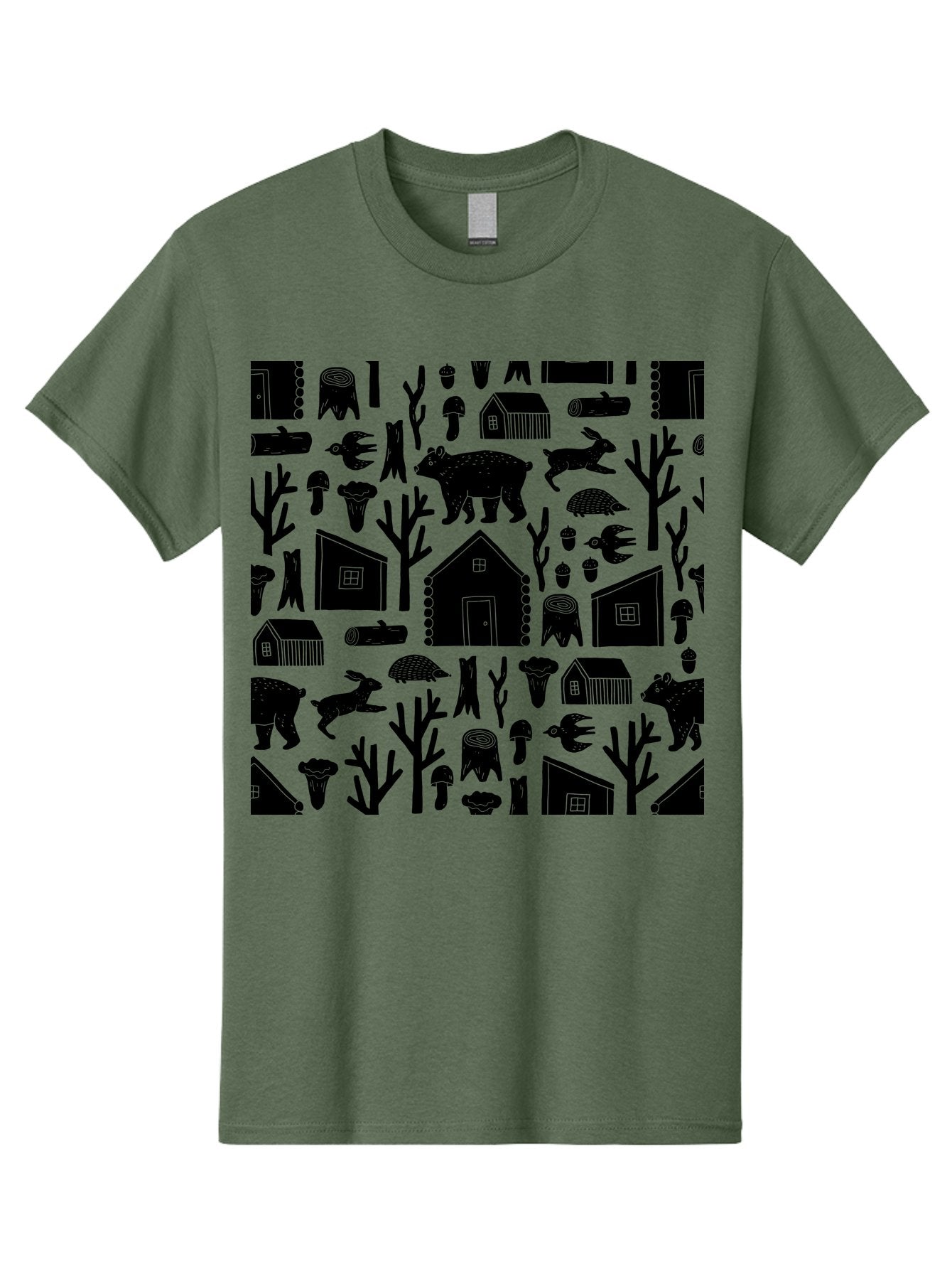 Forest-Pattern Men'S Graphic Tee, 100% Cotton, Comfortable Casual Summer Wear, Machine Washable, Woodland Animals, Forest Scenery, Trees, Houses, Mushrooms, Rabbit, Bear, Log Cabin, Wildlife, Nature-Inspired Design, Cozy Atmosphere, -  Aaa594
