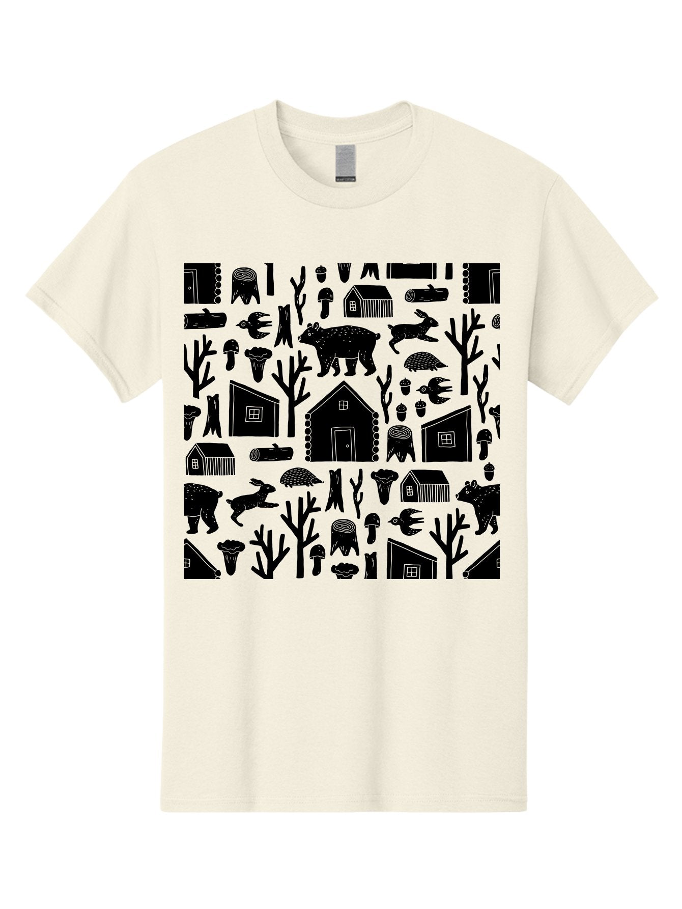 Forest-Pattern Men'S Graphic Tee, 100% Cotton, Comfortable Casual Summer Wear, Machine Washable, Woodland Animals, Forest Scenery, Trees, Houses, Mushrooms, Rabbit, Bear, Log Cabin, Wildlife, Nature-Inspired Design, Cozy Atmosphere, -  Aaa594 9