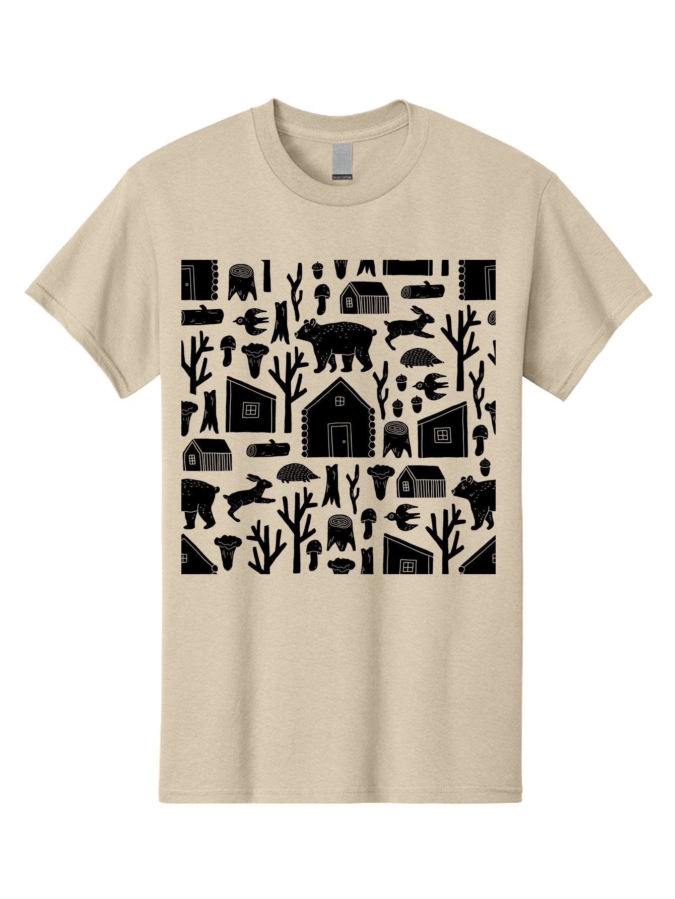 Forest-Pattern Men'S Graphic Tee, 100% Cotton, Comfortable Casual Summer Wear, Machine Washable, Woodland Animals, Forest Scenery, Trees, Houses, Mushrooms, Rabbit, Bear, Log Cabin, Wildlife, Nature-Inspired Design, Cozy Atmosphere, -  Aaa594 27