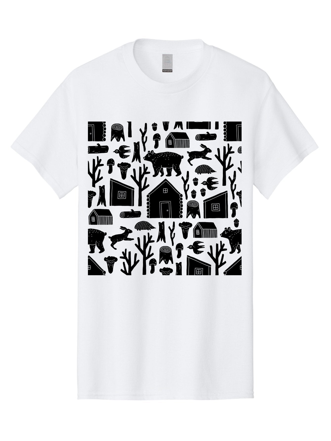 Forest-Pattern Men'S Graphic Tee, 100% Cotton, Comfortable Casual Summer Wear, Machine Washable, Woodland Animals, Forest Scenery, Trees, Houses, Mushrooms, Rabbit, Bear, Log Cabin, Wildlife, Nature-Inspired Design, Cozy Atmosphere, -  Aaa594 17