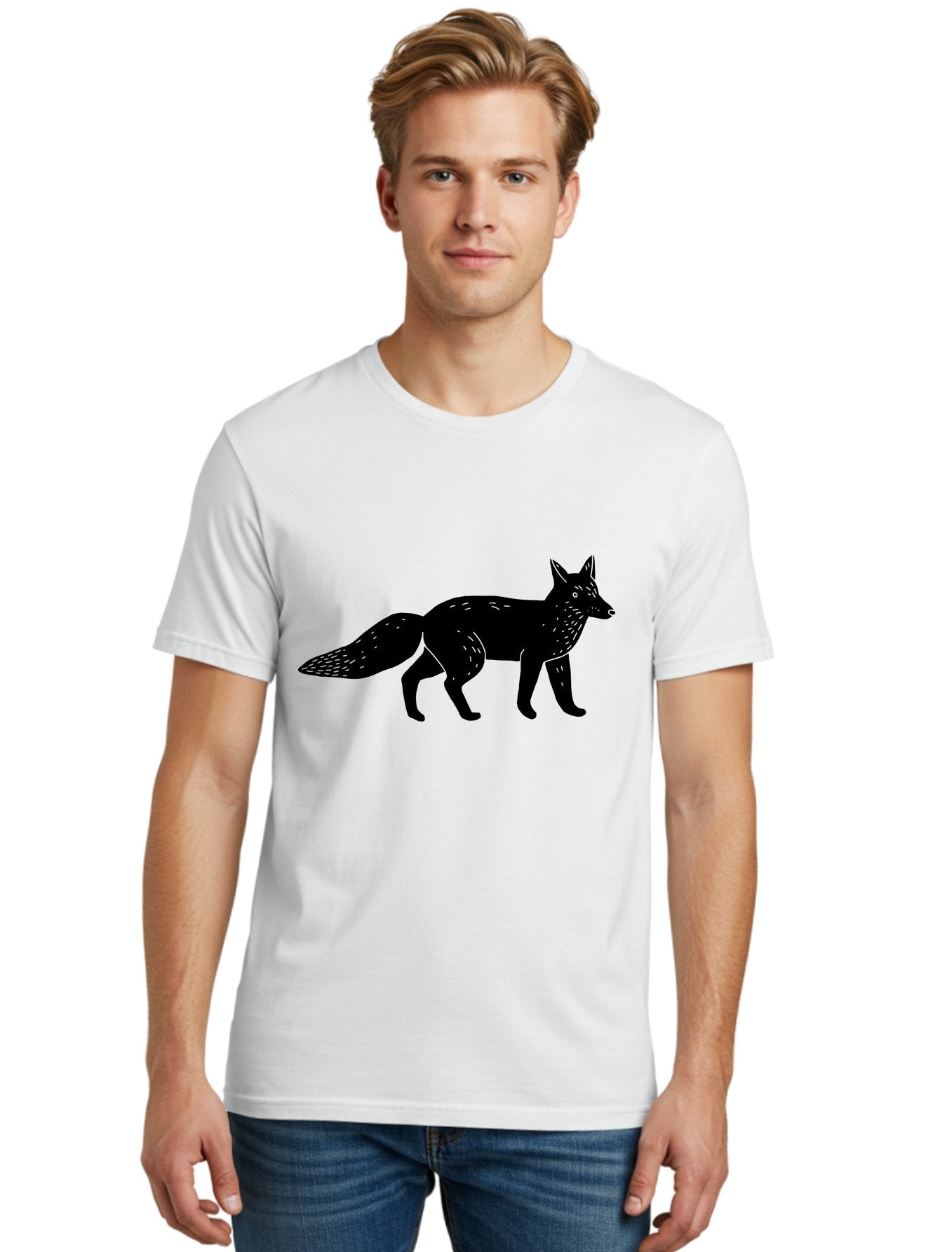 Fox-Silhouette Men'S Graphic Tee, 100% Cotton, Comfortable Casual Summer Wear, Machine Washable, Fox Silhouette, Black Fox Graphic, Wildlife Illustration, Animal Art, Forest Creature, Wild Animal, Graphic Design -  Aaa595 24