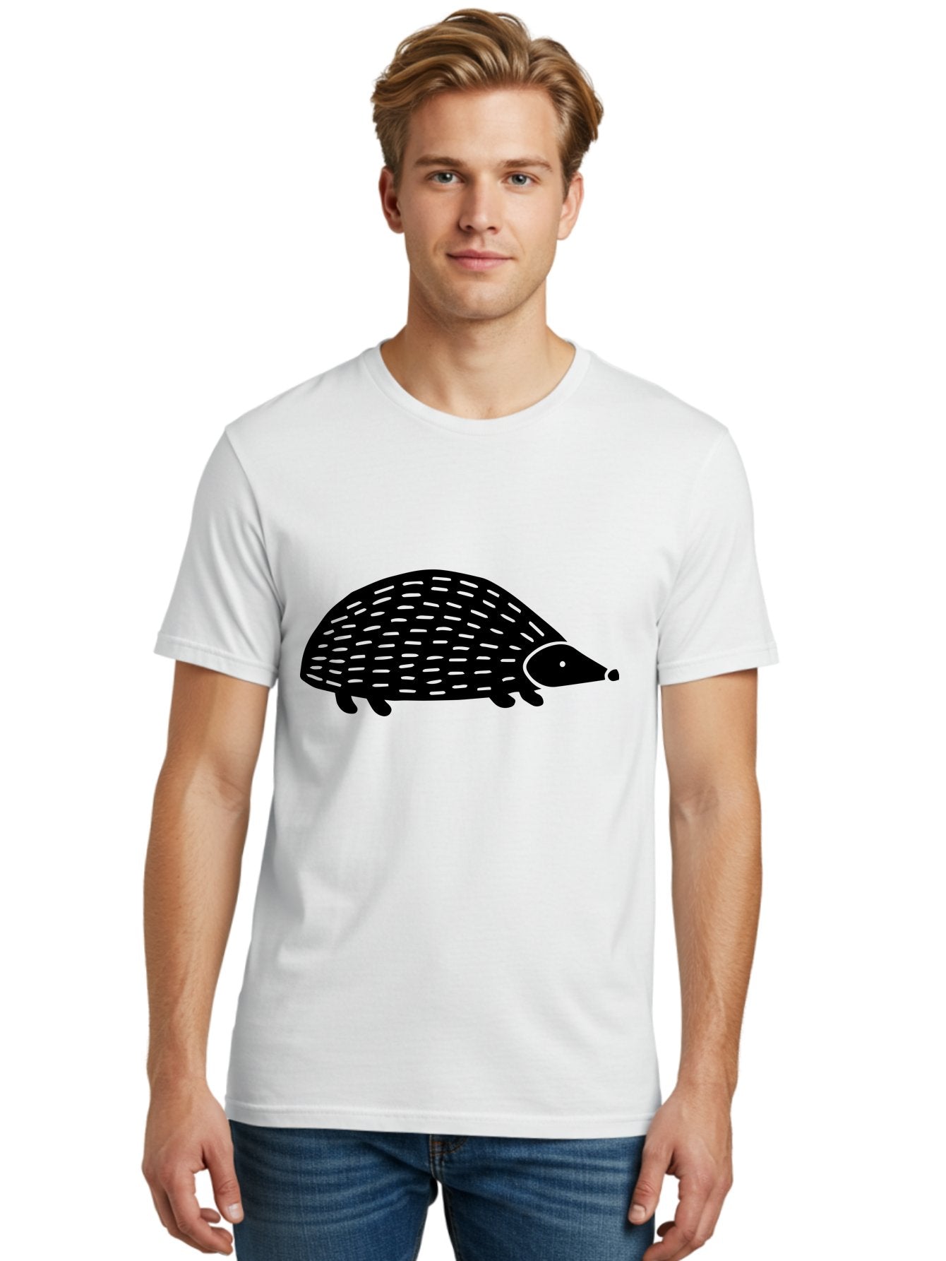 Hedgehog Men'S Graphic Tee, 100% Cotton, Comfortable Casual Summer Wear, Machine Washable, Hedgehog Silhouette, Simple Illustration, Minimalist Design, Cute Animal, Prickly Creature, Small Legs, Dotted Pattern, Bold Lines, Quirky Art -  Aaa597 22