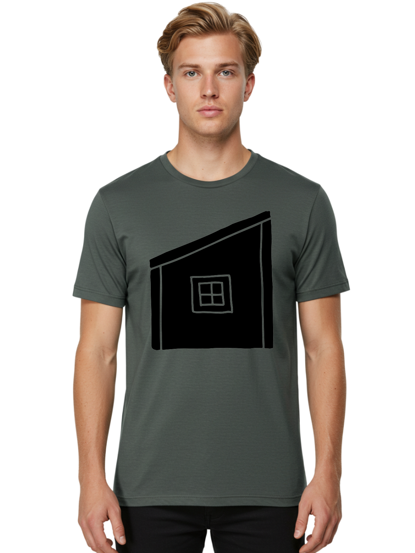 House Men'S Graphic Tee, 100% Cotton, Comfortable Casual Summer Wear, Machine Washable, Simple House Design, Minimalist Architecture, Black House Silhouette, Neon Green Outline, Four-Paned Window, Modern Home Decor, -  Aaa599 4