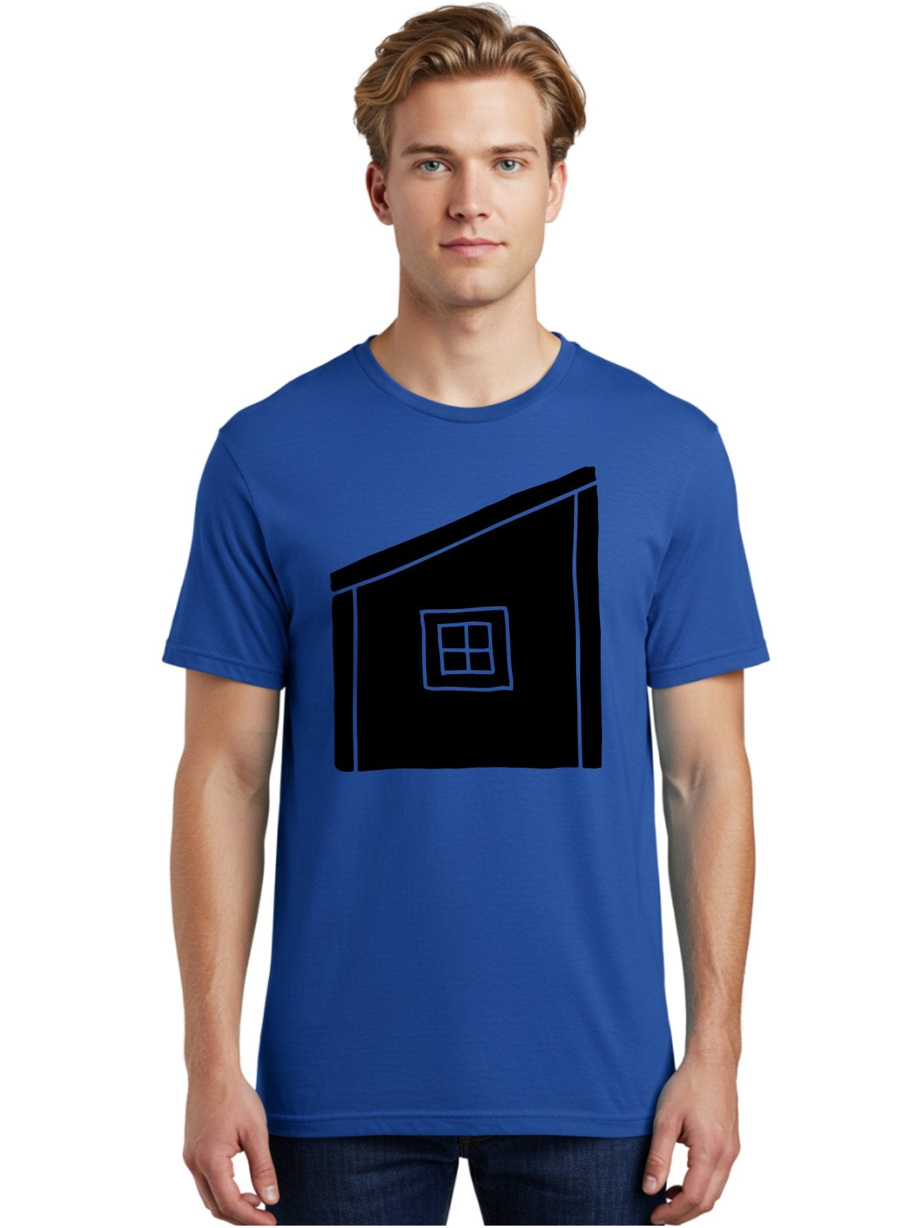 House Men'S Graphic Tee, 100% Cotton, Comfortable Casual Summer Wear, Machine Washable, Simple House Design, Minimalist Architecture, Black House Silhouette, Neon Green Outline, Four-Paned Window, Modern Home Decor, -  Aaa599