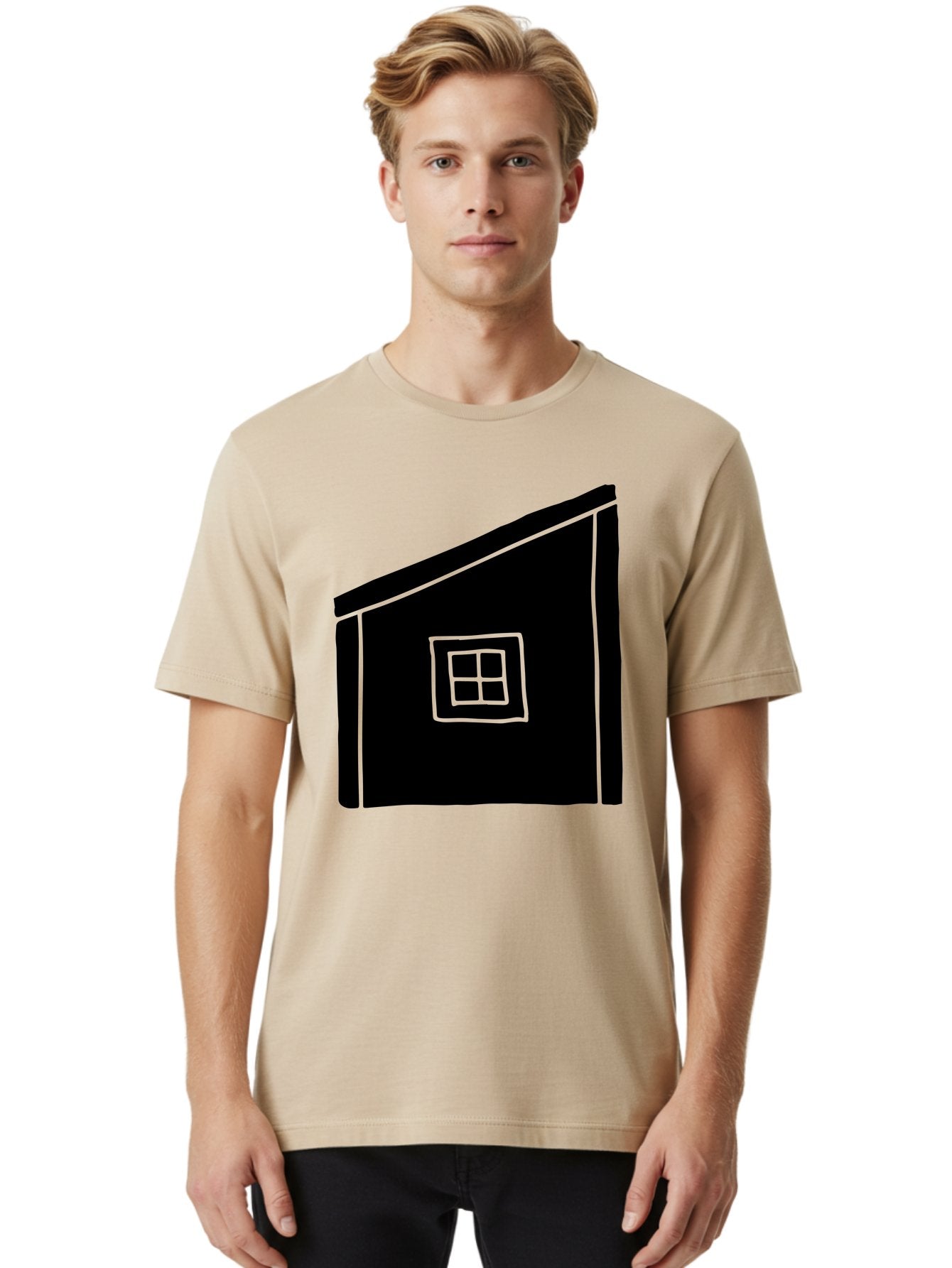 House Men'S Graphic Tee, 100% Cotton, Comfortable Casual Summer Wear, Machine Washable, Simple House Design, Minimalist Architecture, Black House Silhouette, Neon Green Outline, Four-Paned Window, Modern Home Decor, -  Aaa599 8