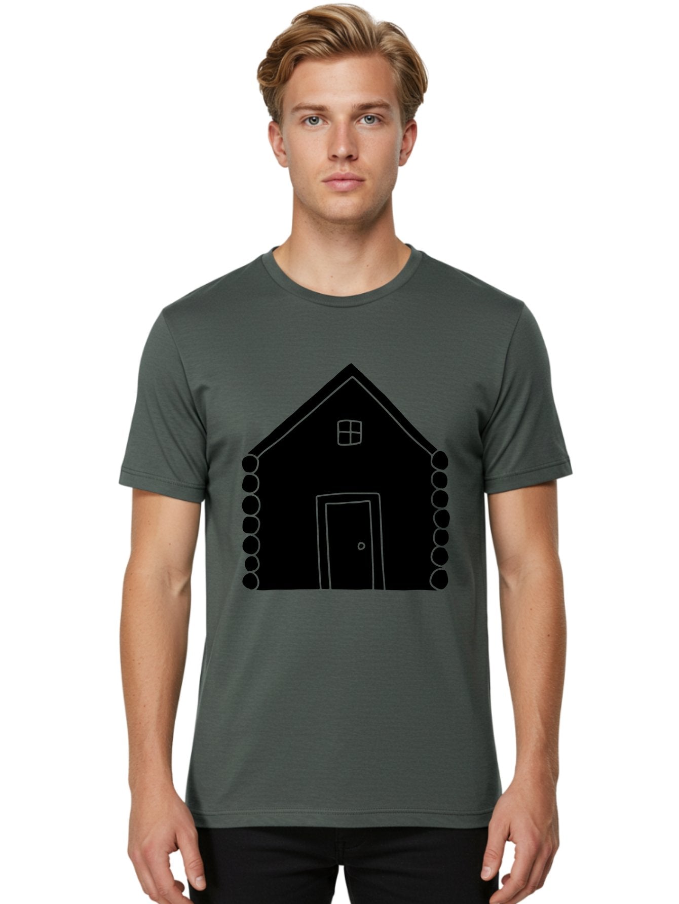 Log-Cabin Men'S Graphic Tee, 100% Cotton, Comfortable Casual Summer Wear, Machine Washable, Simple House Design, Minimalist Architecture, House Outline, Cozy Home, Door And Window, Simple Shapes, Modern Art -  Aaa602 25