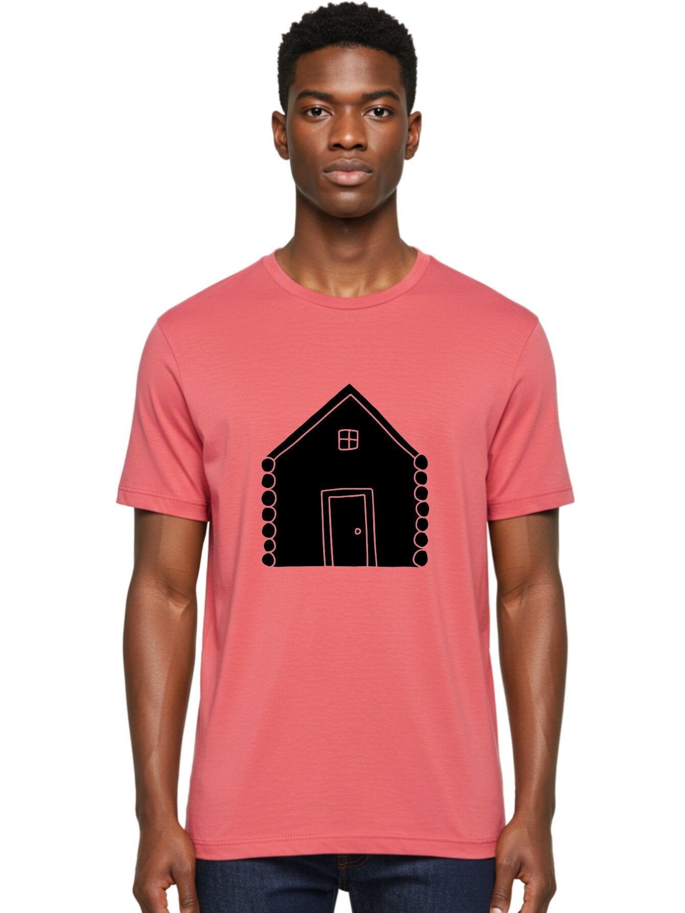 Log-Cabin Men'S Graphic Tee, 100% Cotton, Comfortable Casual Summer Wear, Machine Washable, Simple House Design, Minimalist Architecture, House Outline, Cozy Home, Door And Window, Simple Shapes, Modern Art -  Aaa602 27