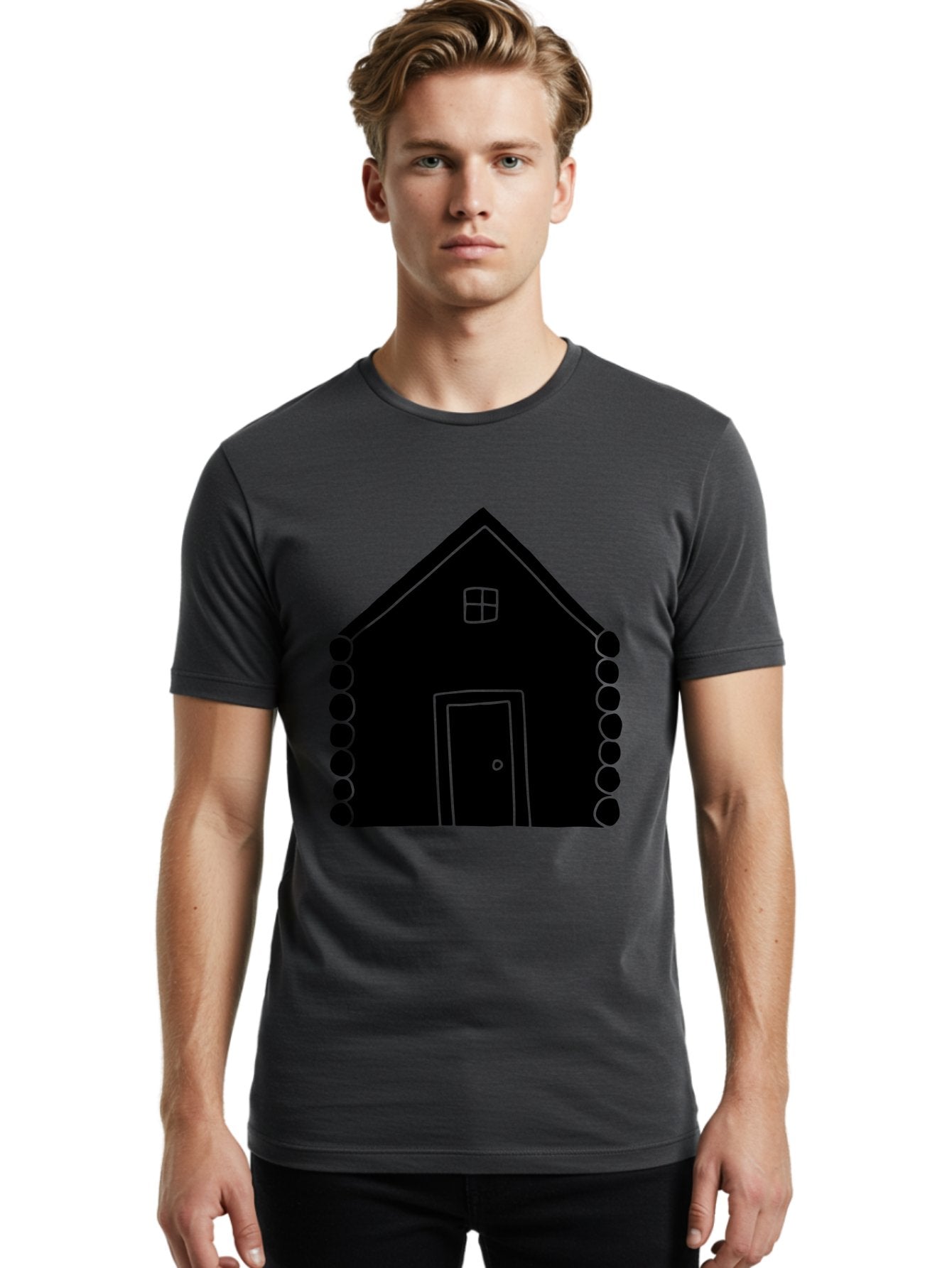 Log-Cabin Men'S Graphic Tee, 100% Cotton, Comfortable Casual Summer Wear, Machine Washable, Simple House Design, Minimalist Architecture, House Outline, Cozy Home, Door And Window, Simple Shapes, Modern Art -  Aaa602 16
