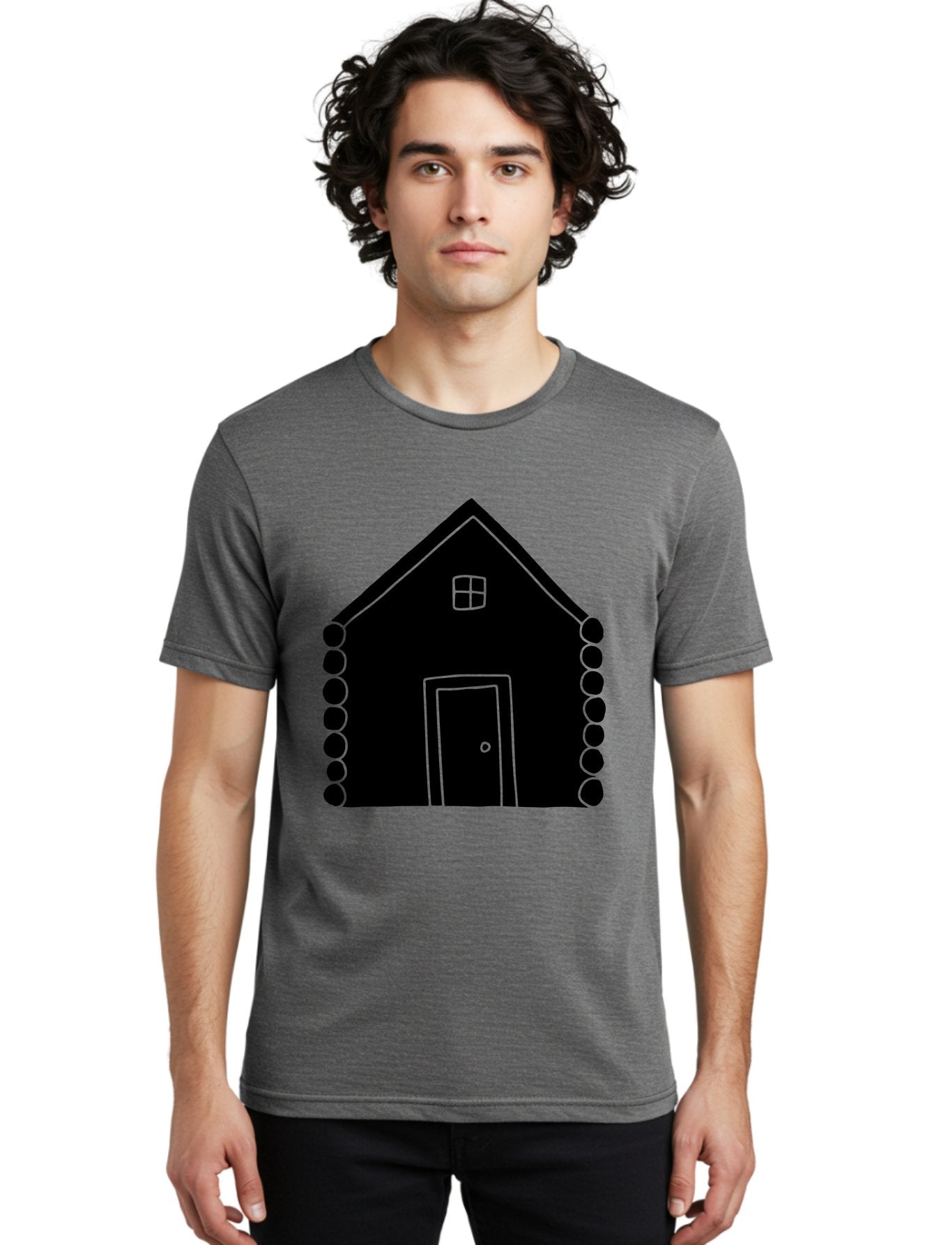 Log-Cabin Men'S Graphic Tee, 100% Cotton, Comfortable Casual Summer Wear, Machine Washable, Simple House Design, Minimalist Architecture, House Outline, Cozy Home, Door And Window, Simple Shapes, Modern Art -  Aaa602 26