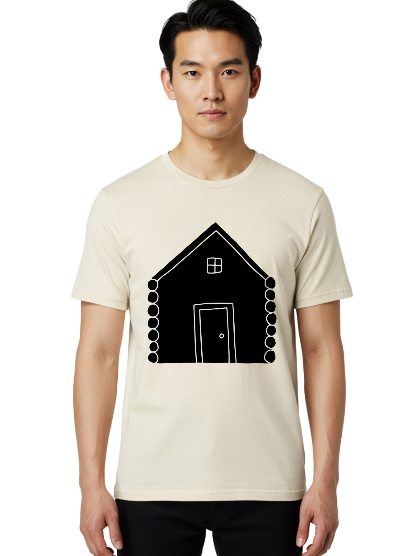 Log-Cabin Men'S Graphic Tee, 100% Cotton, Comfortable Casual Summer Wear, Machine Washable, Simple House Design, Minimalist Architecture, House Outline, Cozy Home, Door And Window, Simple Shapes, Modern Art -  Aaa602 30