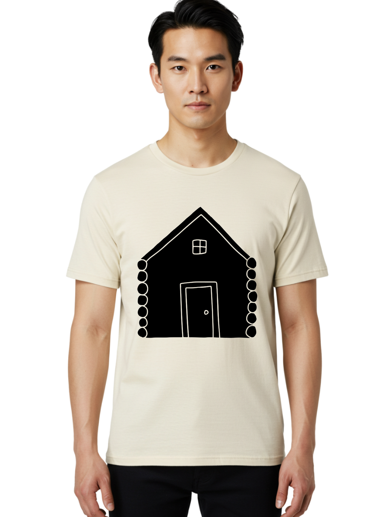 Log-Cabin Men'S Graphic Tee, 100% Cotton, Comfortable Casual Summer Wear, Machine Washable, Simple House Design, Minimalist Architecture, House Outline, Cozy Home, Door And Window, Simple Shapes, Modern Art -  Aaa602 18