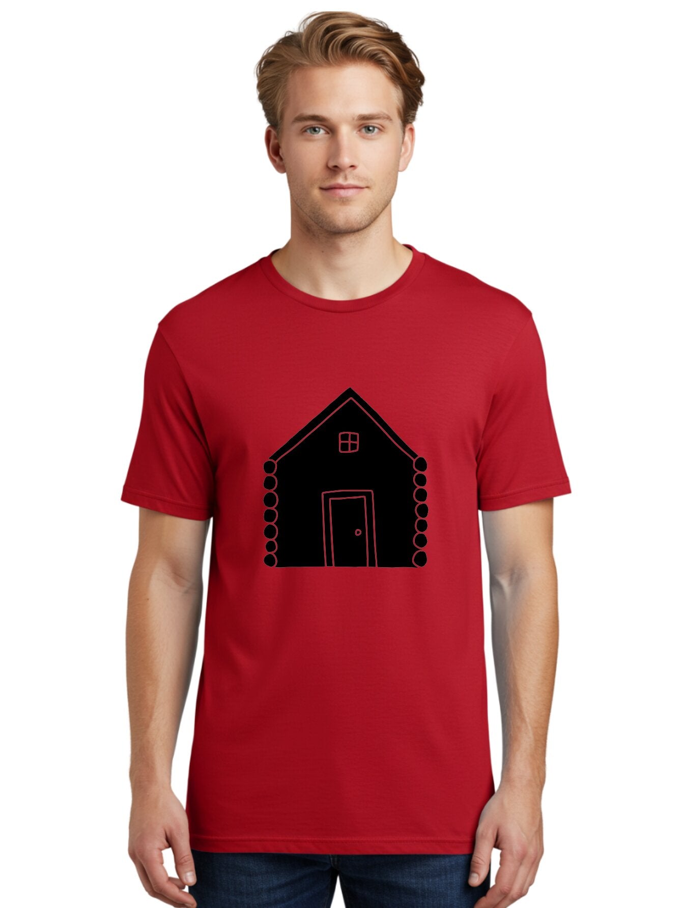 Log-Cabin Men'S Graphic Tee, 100% Cotton, Comfortable Casual Summer Wear, Machine Washable, Simple House Design, Minimalist Architecture, House Outline, Cozy Home, Door And Window, Simple Shapes, Modern Art -  Aaa602 23