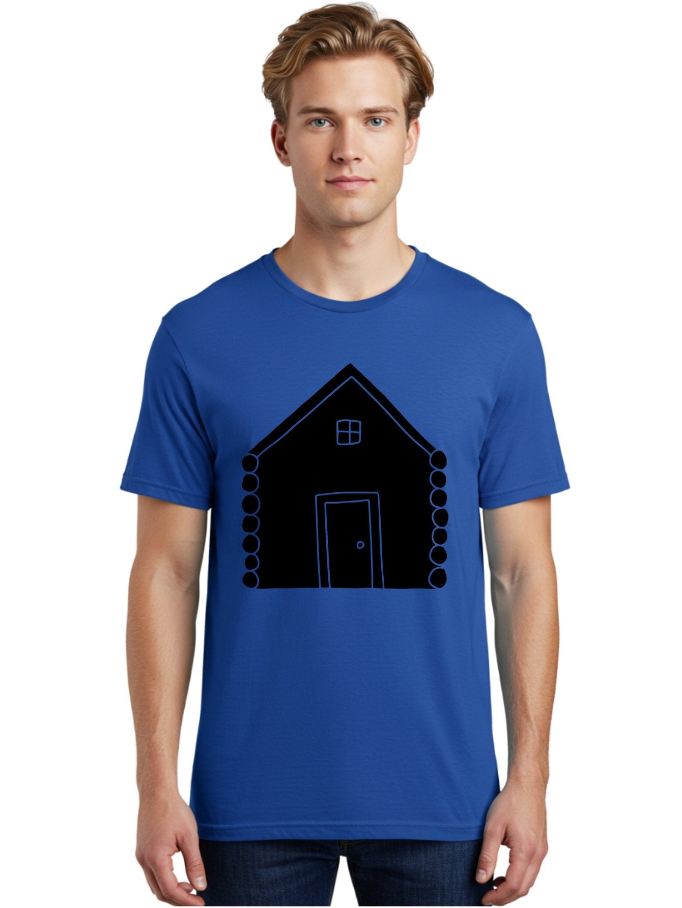 Log-Cabin Men'S Graphic Tee, 100% Cotton, Comfortable Casual Summer Wear, Machine Washable, Simple House Design, Minimalist Architecture, House Outline, Cozy Home, Door And Window, Simple Shapes, Modern Art -  Aaa602 17