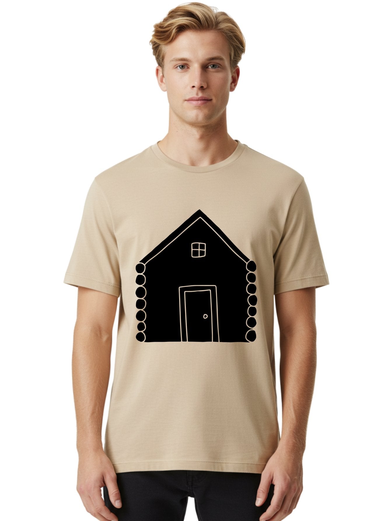 Log-Cabin Men'S Graphic Tee, 100% Cotton, Comfortable Casual Summer Wear, Machine Washable, Simple House Design, Minimalist Architecture, House Outline, Cozy Home, Door And Window, Simple Shapes, Modern Art -  Aaa602 18