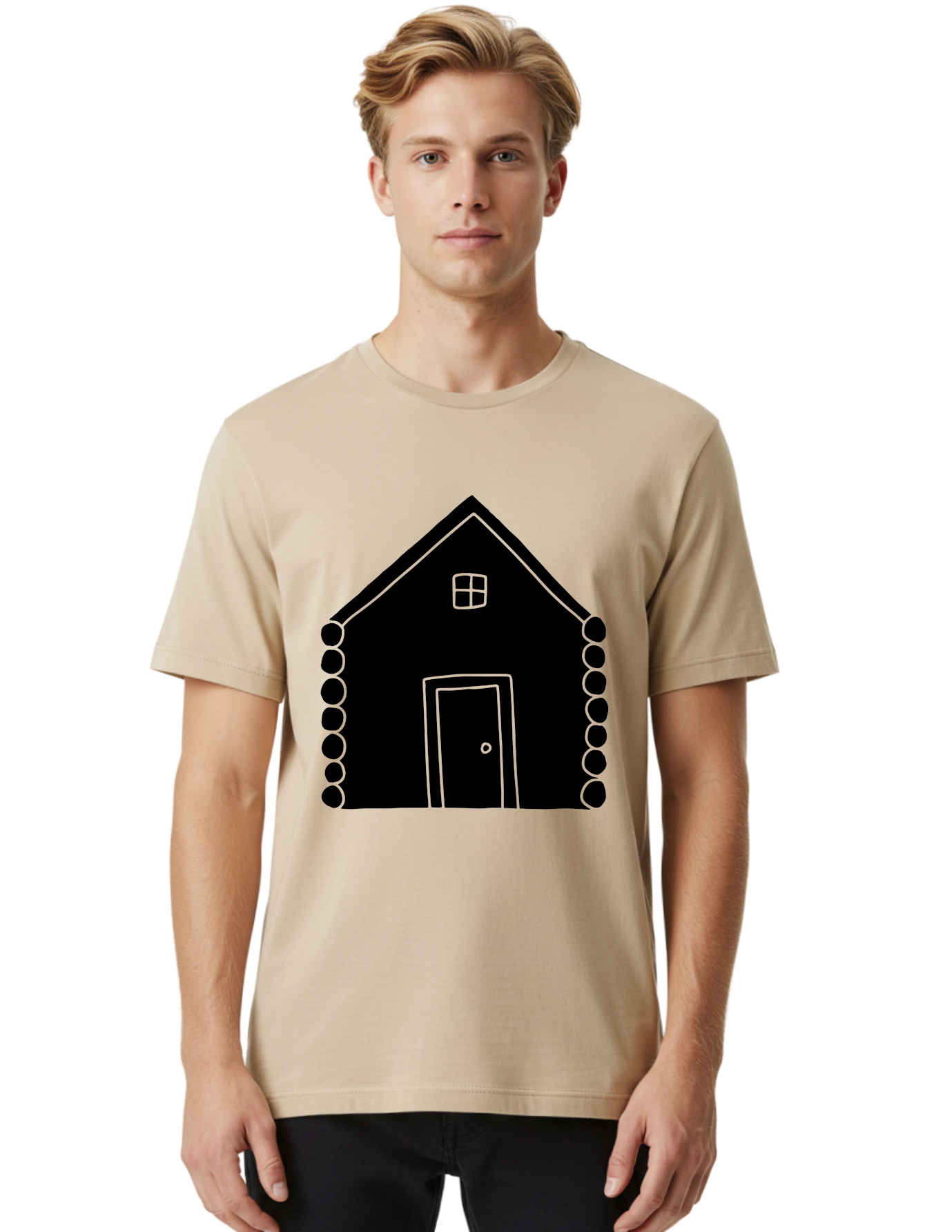 Log-Cabin Men'S Graphic Tee, 100% Cotton, Comfortable Casual Summer Wear, Machine Washable, Simple House Design, Minimalist Architecture, House Outline, Cozy Home, Door And Window, Simple Shapes, Modern Art -  Aaa602 28