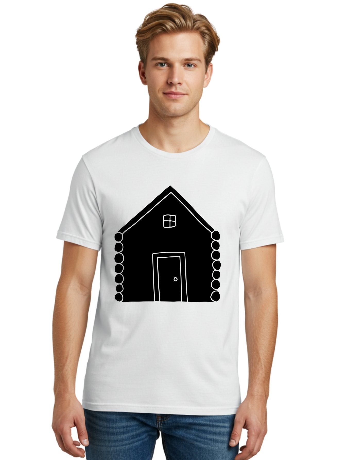 Log-Cabin Men'S Graphic Tee, 100% Cotton, Comfortable Casual Summer Wear, Machine Washable, Simple House Design, Minimalist Architecture, House Outline, Cozy Home, Door And Window, Simple Shapes, Modern Art -  Aaa602 28